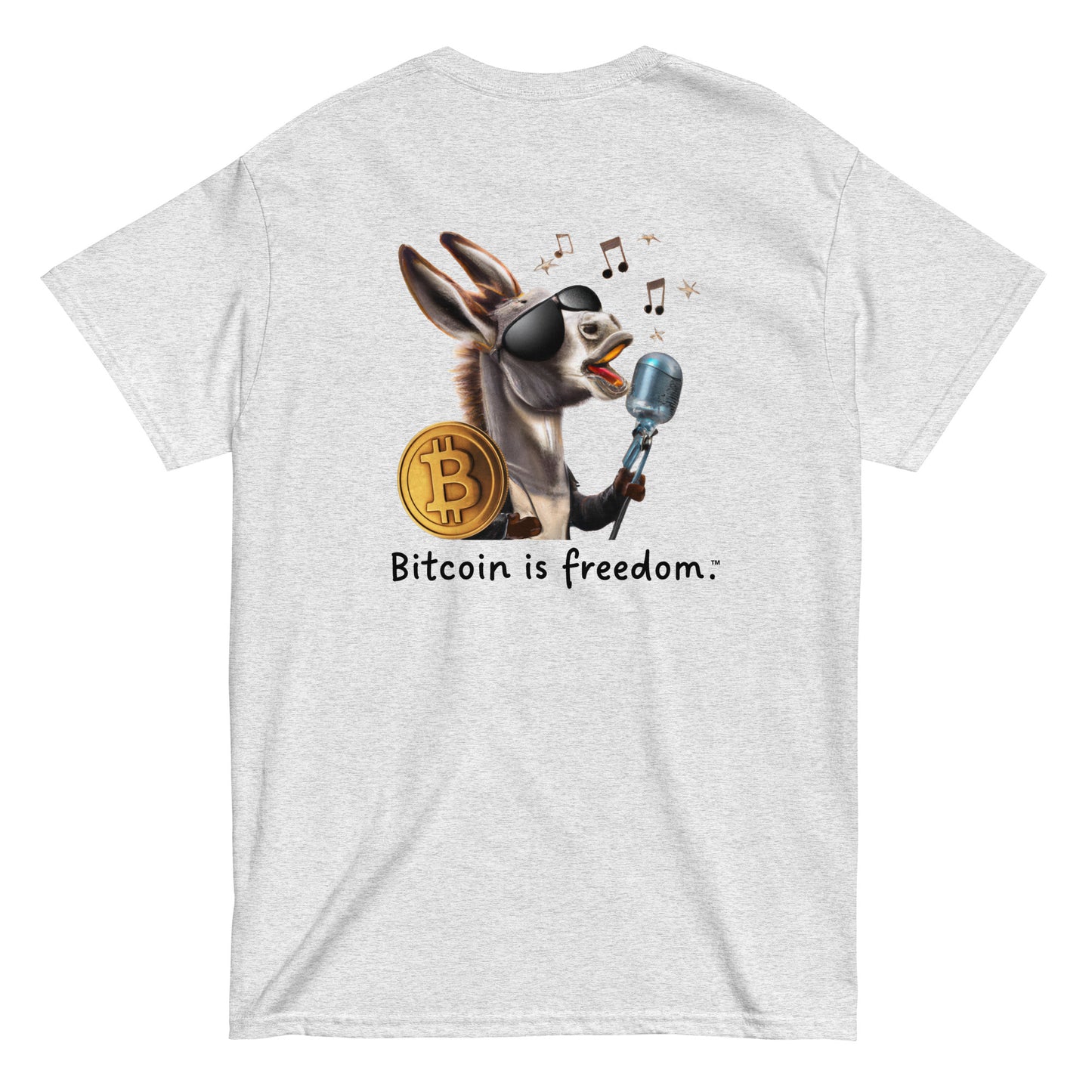 Men's ash grey color Bitcoin t-shirt with a Happy Donkey graphic and the ‘Bitcoin is freedom’ slogan printed on the back side of the shirt.