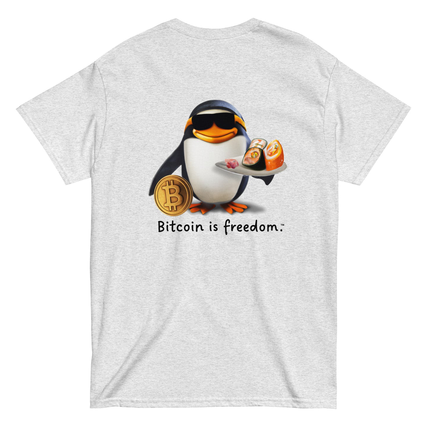 Men's ash grey color Bitcoin t-shirt with a Happy Penguin graphic and the ‘Bitcoin is freedom’ slogan printed on the back side of the shirt.