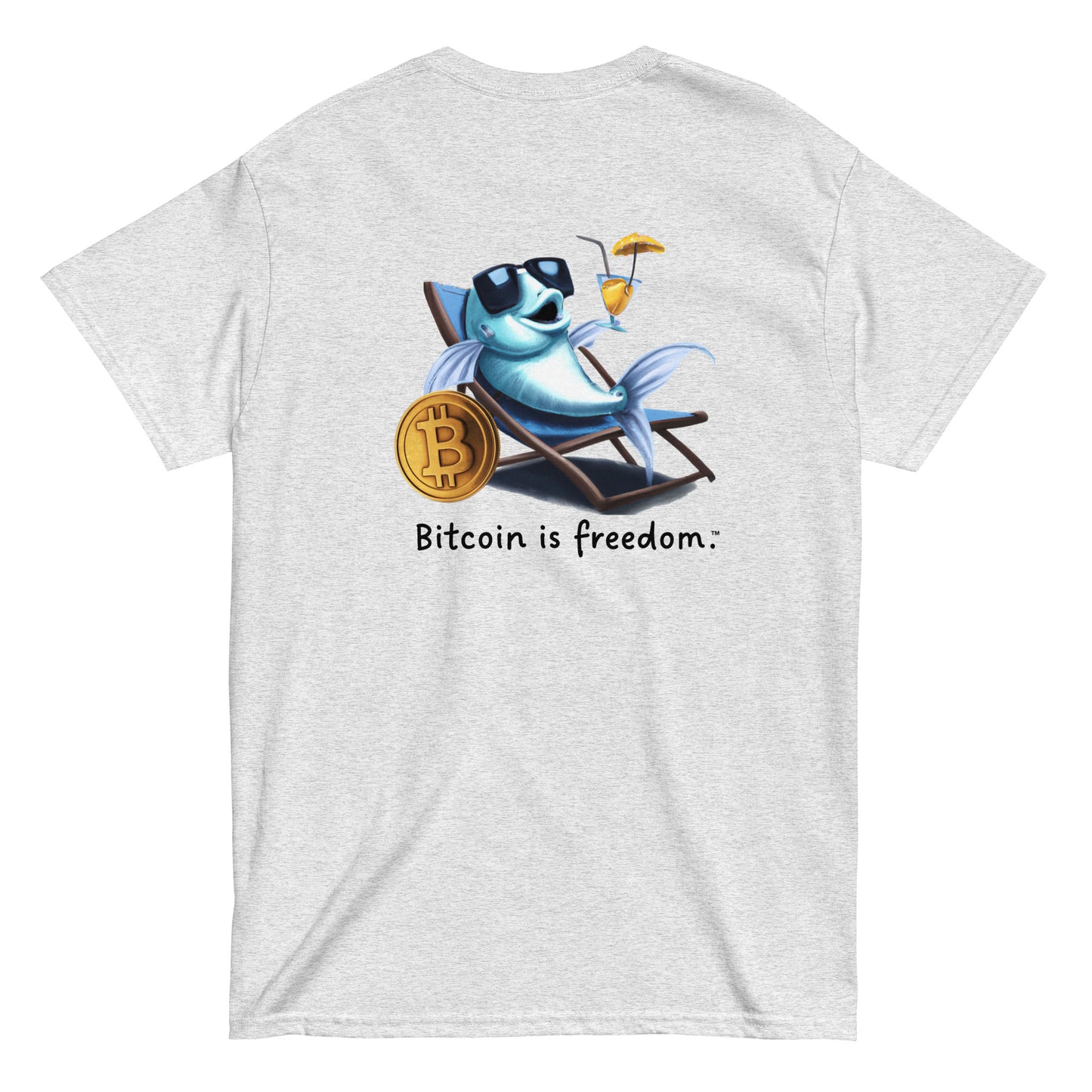 Men's ash grey color Bitcoin t-shirt with a Happy Fish graphic and the ‘Bitcoin is freedom’ slogan printed on the back side of the shirt.
