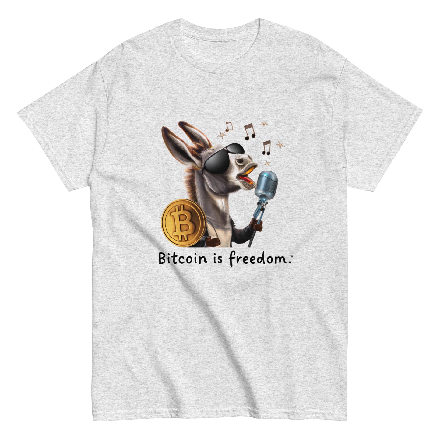 Men's ash grey color Bitcoin t-shirt with a Happy Donkey graphic and the ‘Bitcoin is freedom’ slogan printed on the front side of the shirt.
