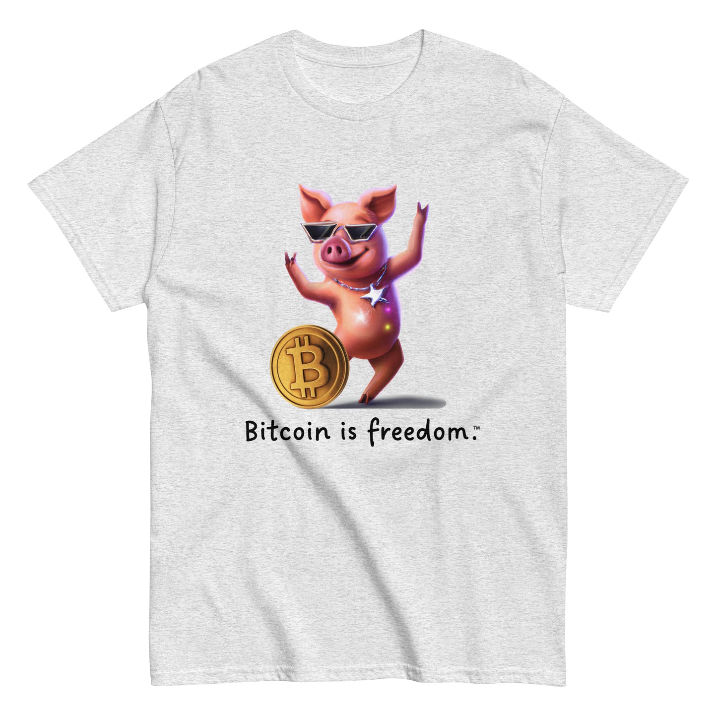 Men's ash grey color Bitcoin t-shirt with a Happy Pig graphic and the ‘Bitcoin is freedom’ slogan printed on the front side of the shirt.