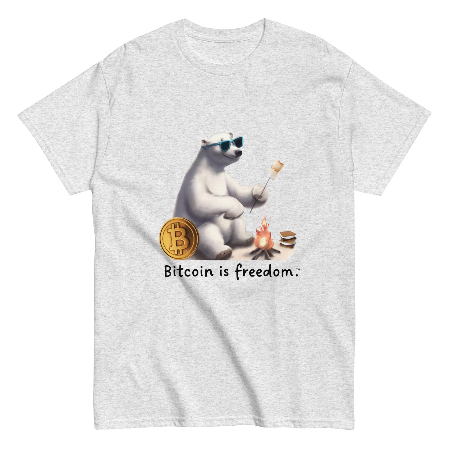 Men's ash grey color Bitcoin t-shirt with a Happy Polar Bear graphic and the ‘Bitcoin is freedom’ slogan printed on the front side of the shirt.