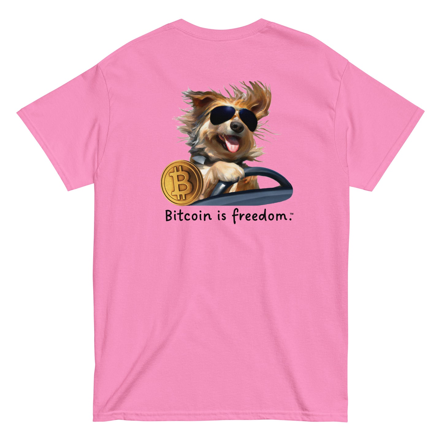 Men's azalea pink color Bitcoin t-shirt with a Happy Dog Driving graphic and the ‘Bitcoin is freedom’ slogan printed on the back side of the shirt.