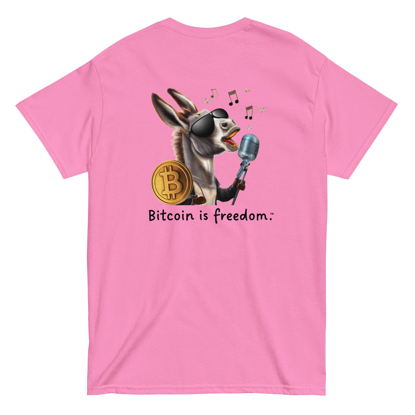 Men's azalea pink color Bitcoin t-shirt with a Happy Donkey graphic and the ‘Bitcoin is freedom’ slogan printed on the back side of the shirt.