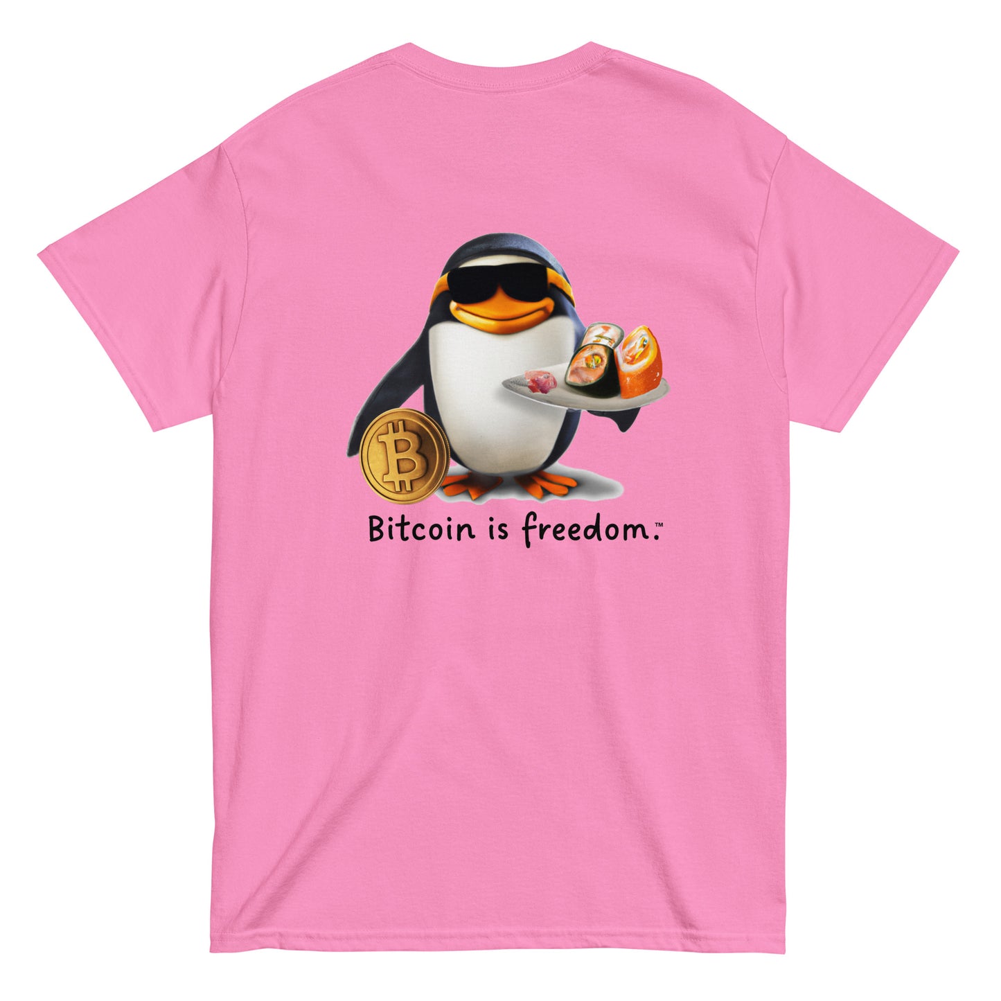Men's azalea pink color Bitcoin t-shirt with a Happy Penguin graphic and the ‘Bitcoin is freedom’ slogan printed on the back side of the shirt.