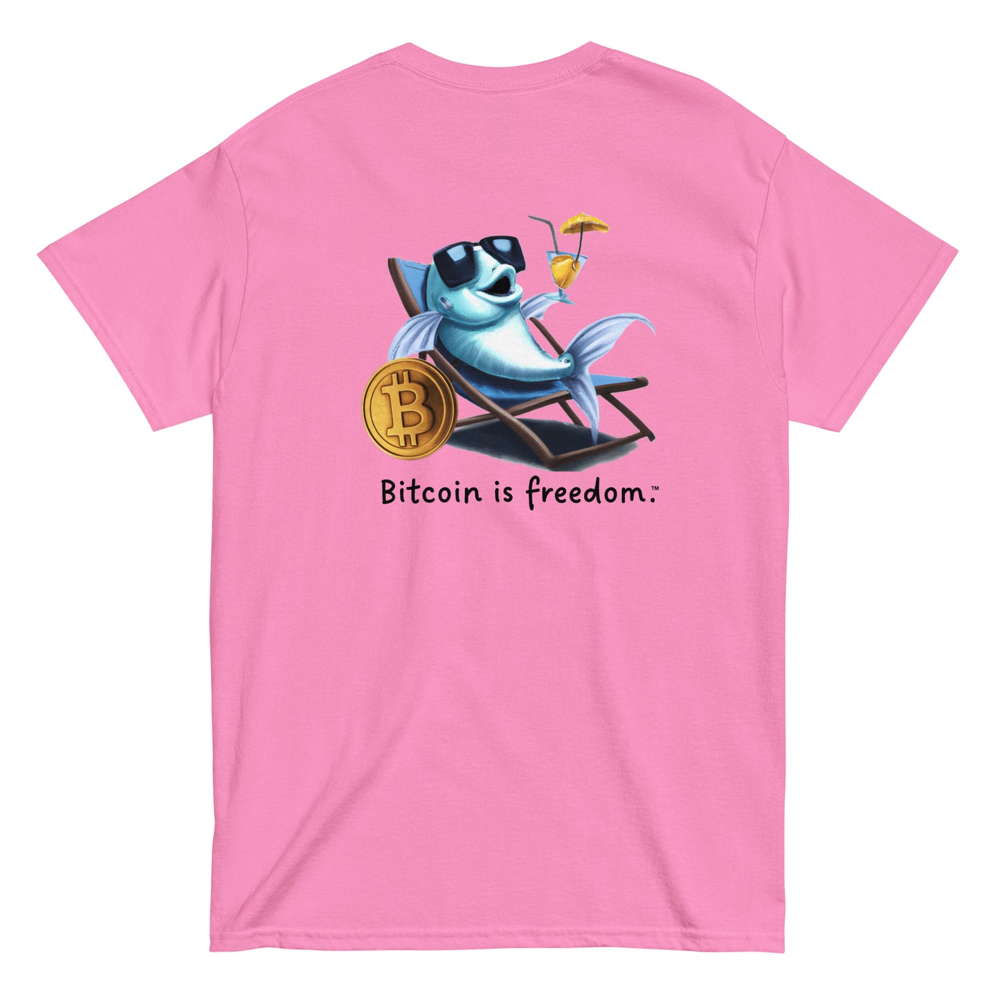 Men's azalea pink color Bitcoin t-shirt with a Happy Fish graphic and the ‘Bitcoin is freedom’ slogan printed on the back side of the shirt.