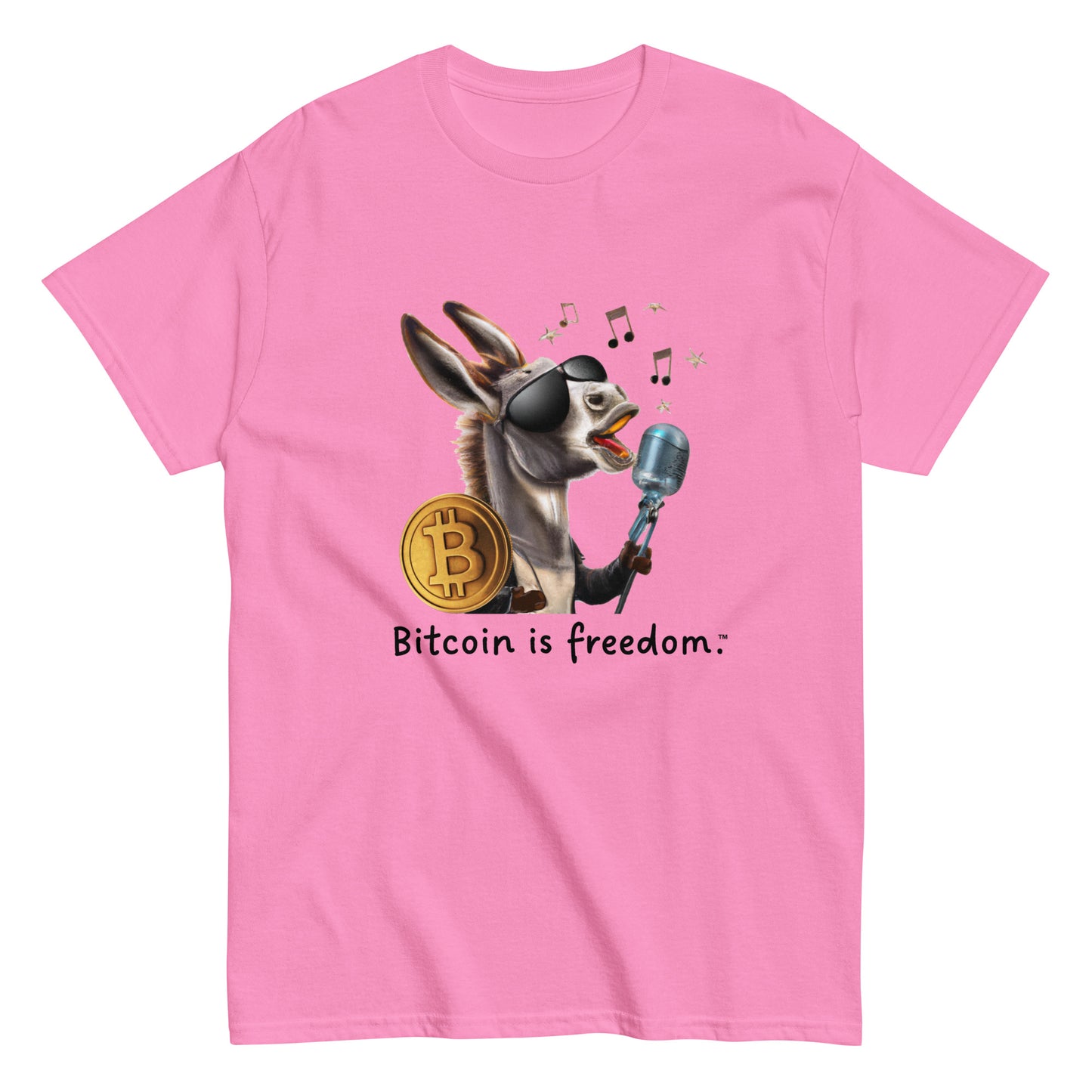 Men's azalea pink color Bitcoin t-shirt with a Happy Donkey graphic and the ‘Bitcoin is freedom’ slogan printed on the front side of the shirt.