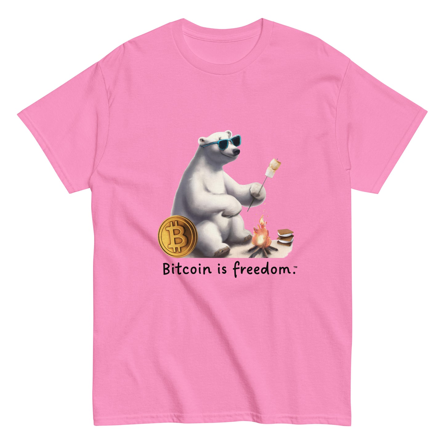 Men's azalea pink color Bitcoin t-shirt with a Happy Polar Bear graphic and the ‘Bitcoin is freedom’ slogan printed on the front side of the shirt.