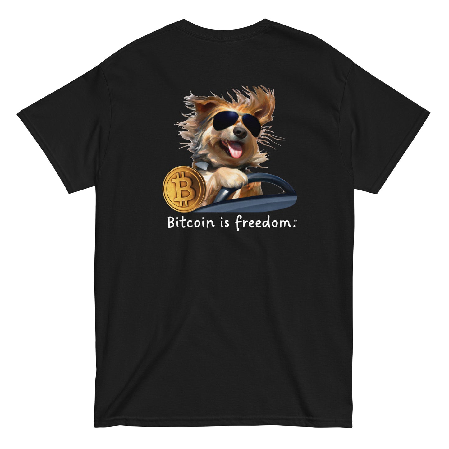 Men's black color Bitcoin t-shirt with a Happy Dog Driving graphic and the ‘Bitcoin is freedom’ slogan printed on the back side of the shirt.