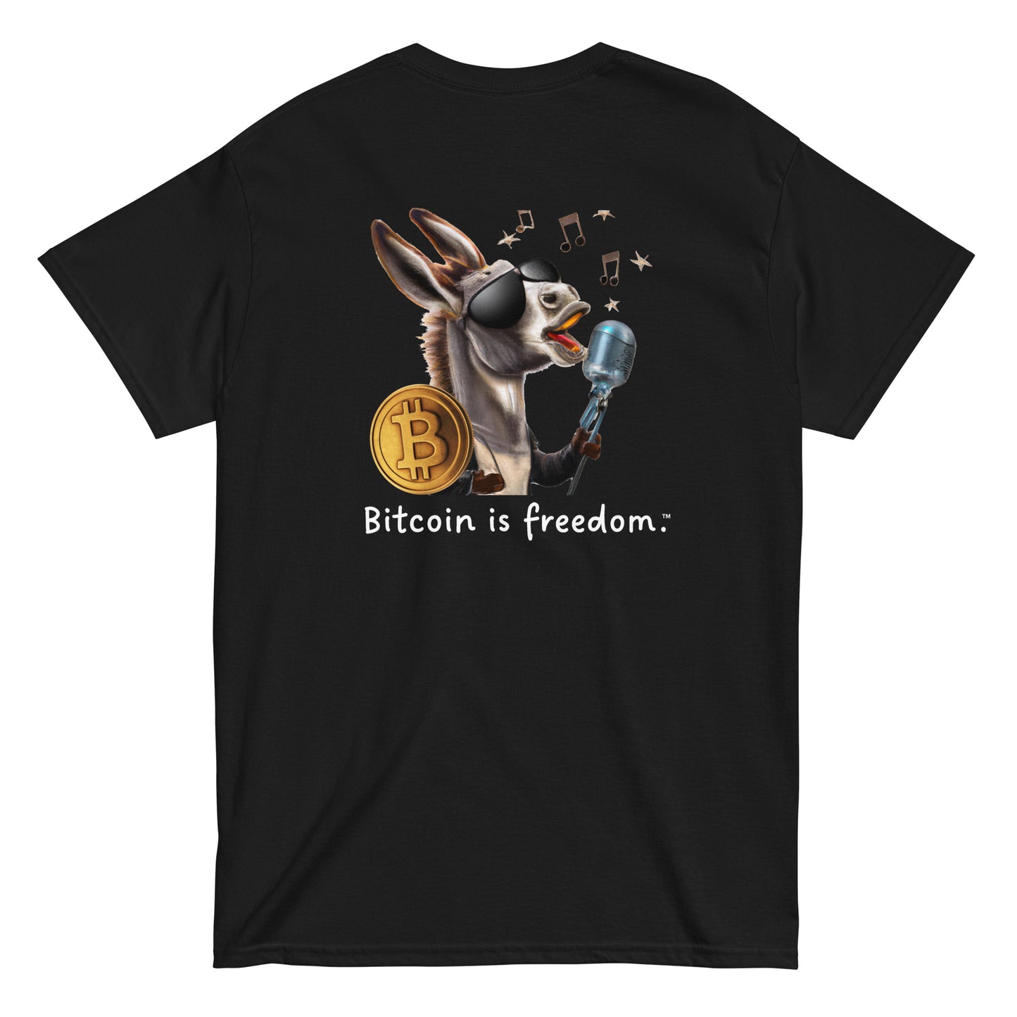 Men's black color Bitcoin t-shirt with a Happy Donkey graphic and the ‘Bitcoin is freedom’ slogan printed on the back side of the shirt.