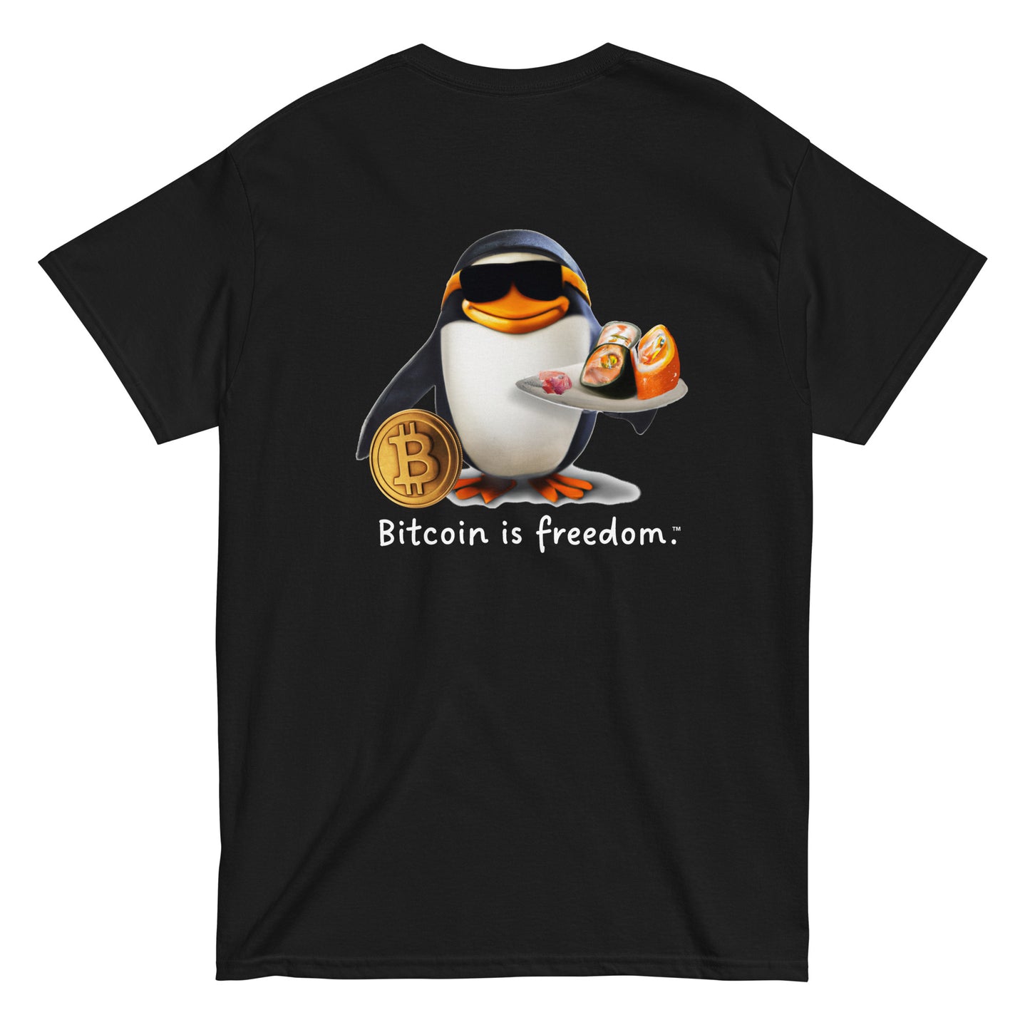Men's black color Bitcoin t-shirt with a Happy Penguin graphic and the ‘Bitcoin is freedom’ slogan printed on the back side of the shirt.