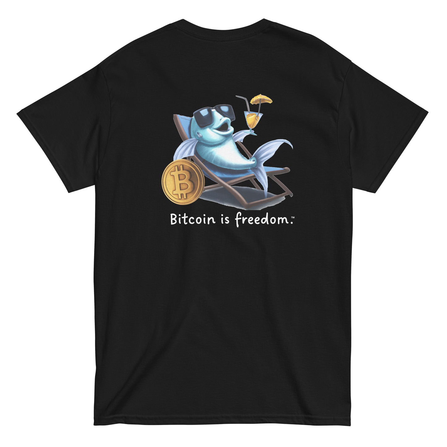 Men's black color Bitcoin t-shirt with a Happy Fish graphic and the ‘Bitcoin is freedom’ slogan printed on the back side of the shirt.