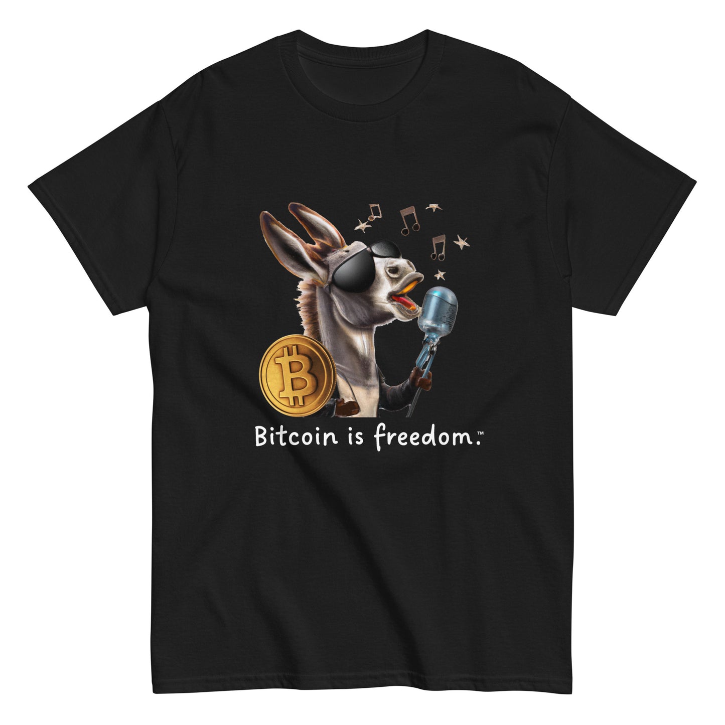 Men's black color Bitcoin t-shirt with a Happy Donkey graphic and the ‘Bitcoin is freedom’ slogan printed on the front side of the shirt.