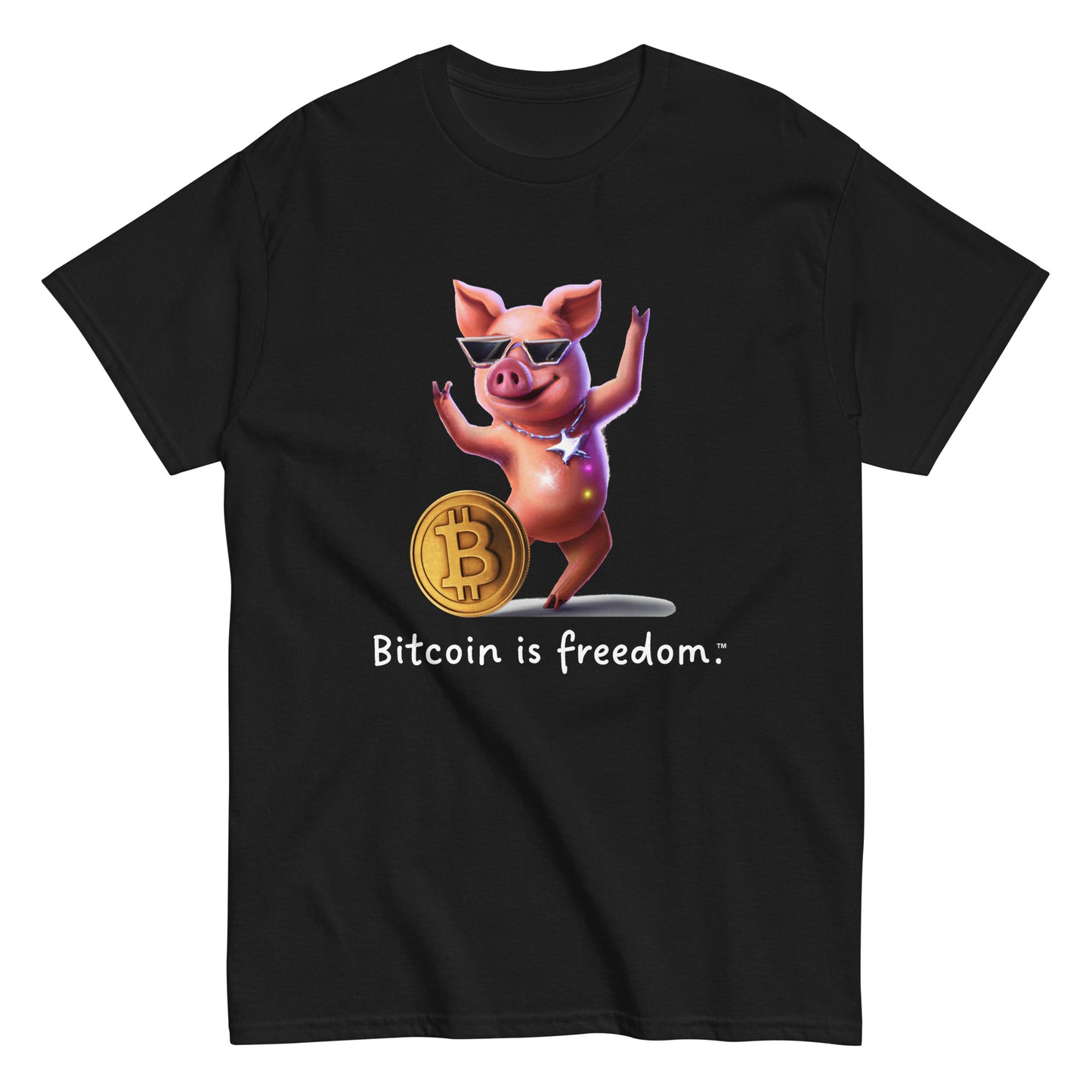 Men's black color Bitcoin t-shirt with a Happy Pig graphic and the ‘Bitcoin is freedom’ slogan printed on the front side of the shirt.
