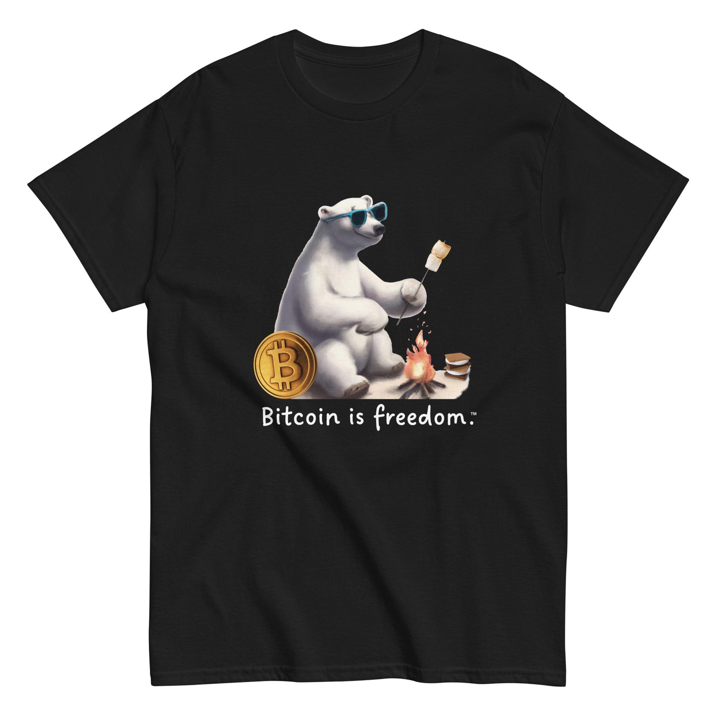 Men's black color Bitcoin t-shirt with a Happy Polar Bear graphic and the ‘Bitcoin is freedom’ slogan printed on the front side of the shirt.