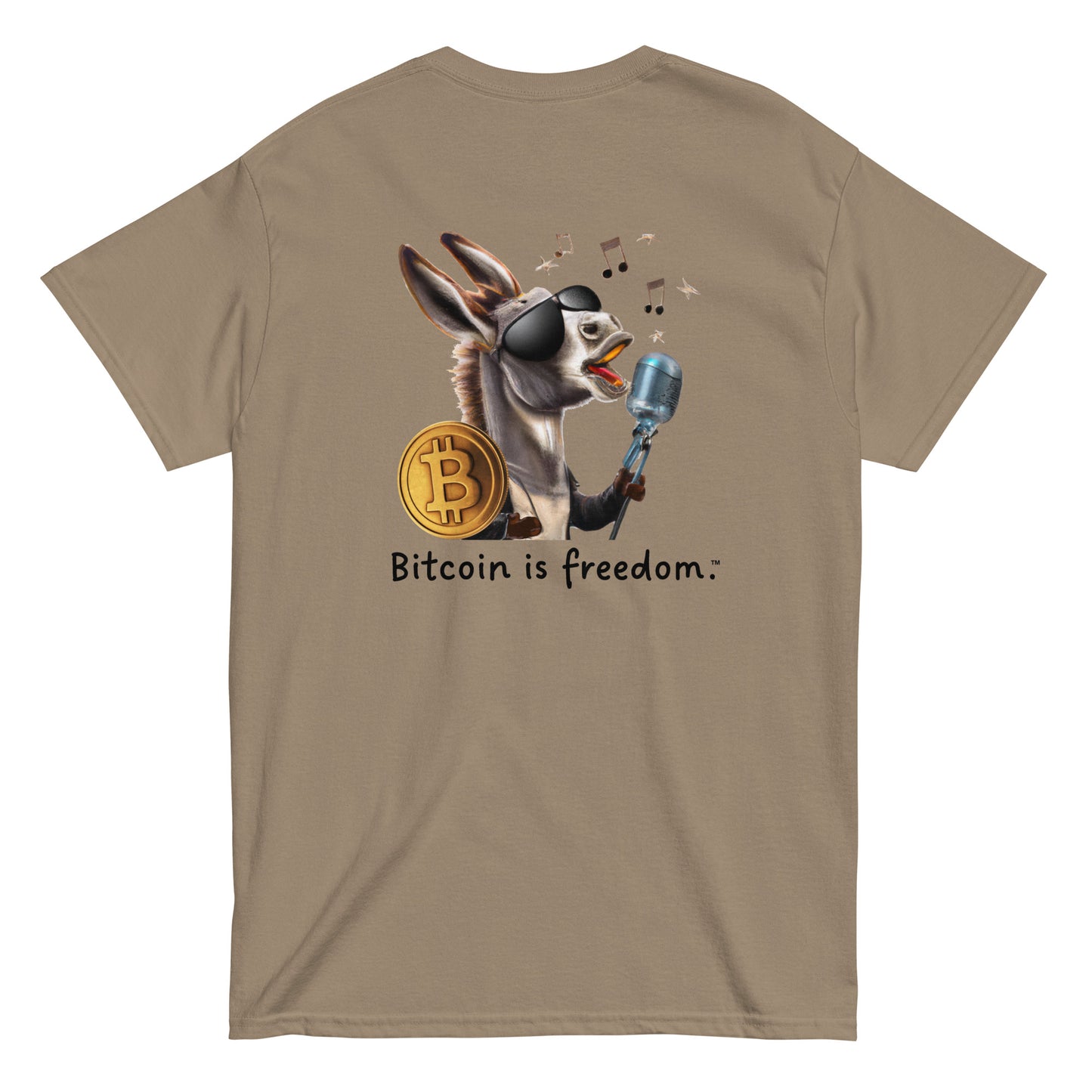 Men's brown savana color Bitcoin t-shirt with a Happy Donkey graphic and the ‘Bitcoin is freedom’ slogan printed on the back side of the shirt.