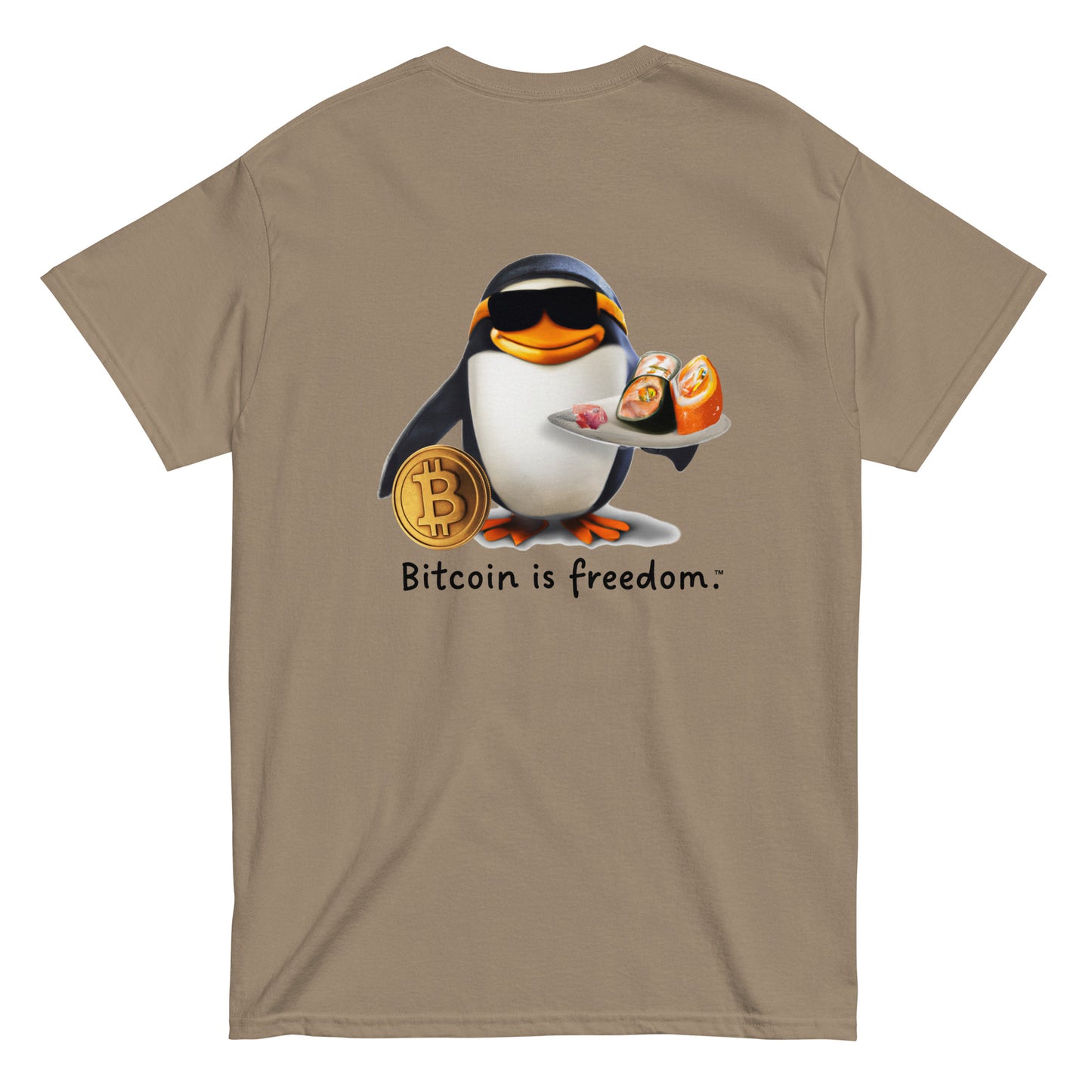 Men's brown savana color Bitcoin t-shirt with a Happy Penguin graphic and the ‘Bitcoin is freedom’ slogan printed on the back side of the shirt.