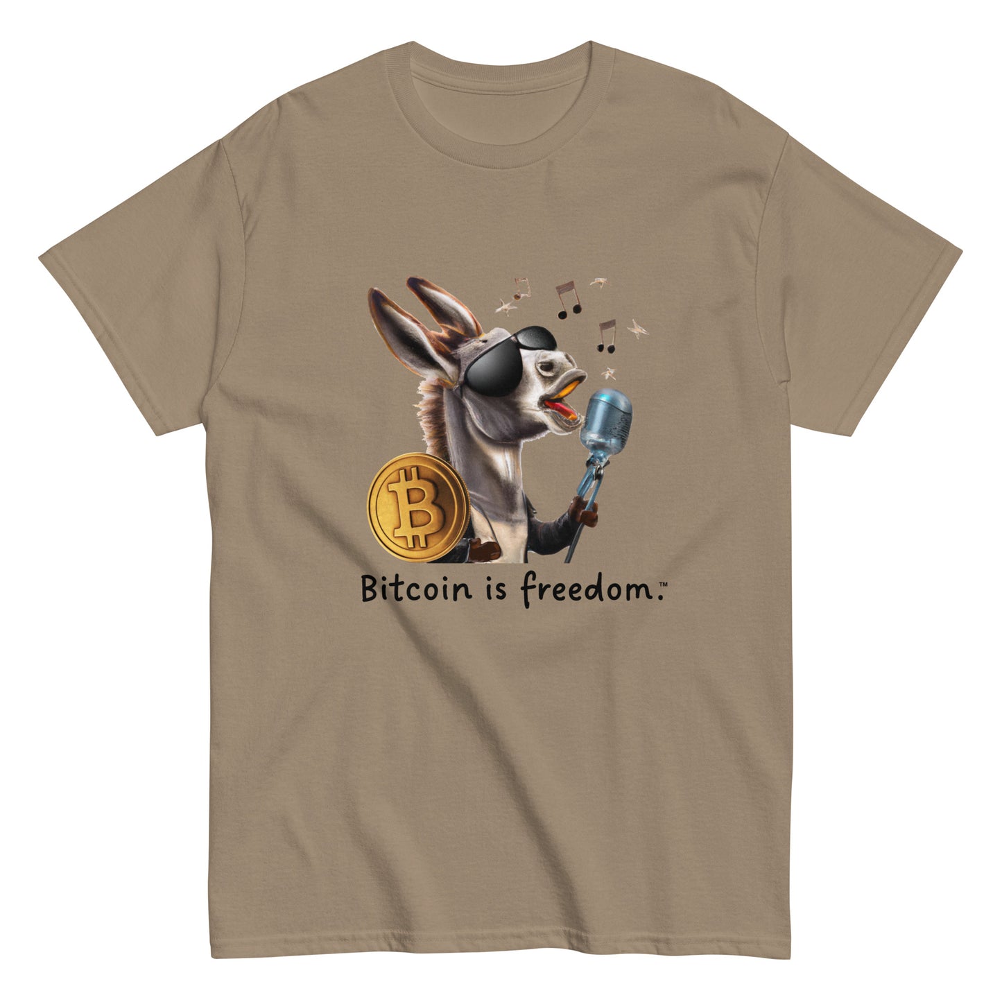 Men's brown savana color Bitcoin t-shirt with a Happy Donkey graphic and the ‘Bitcoin is freedom’ slogan printed on the front side of the shirt.