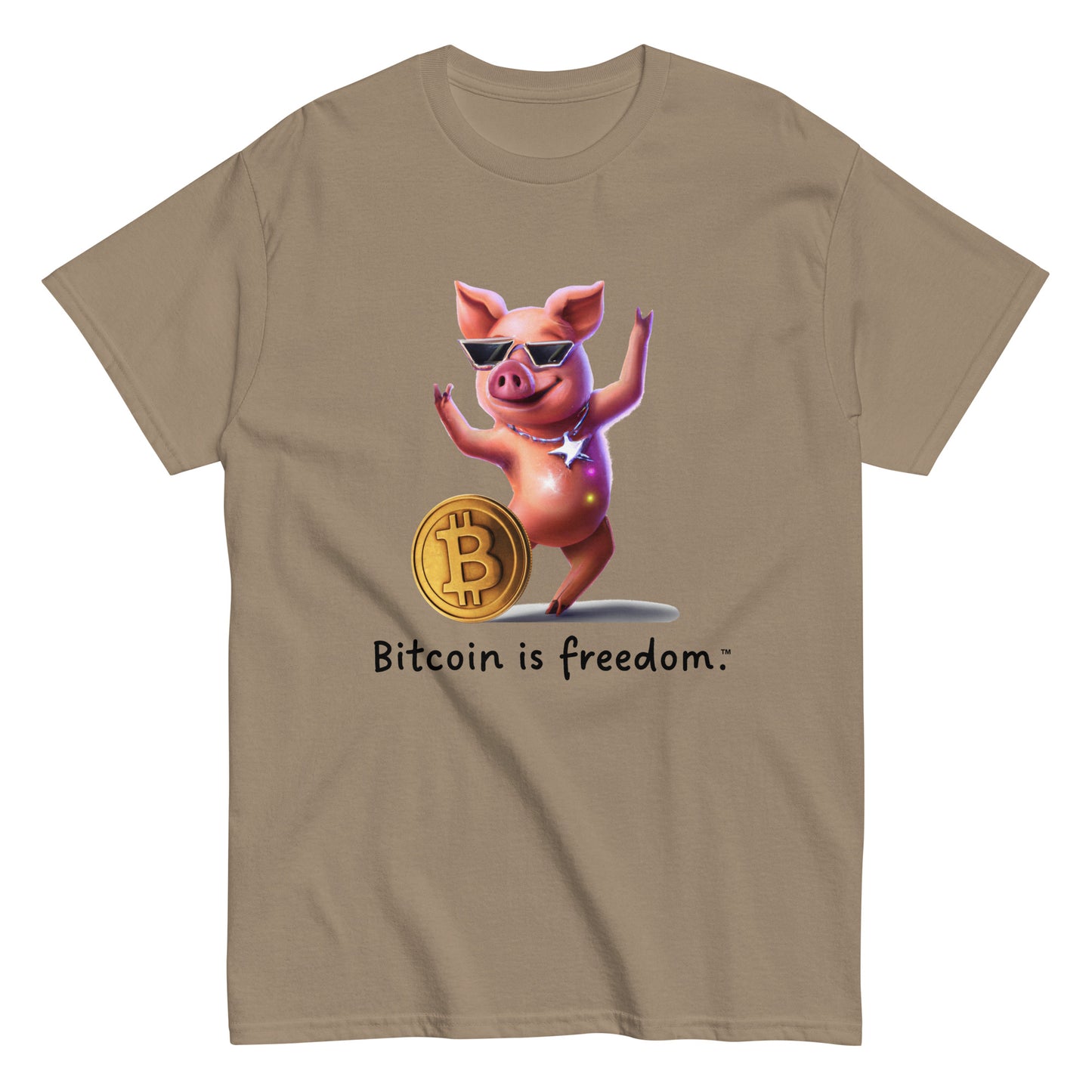 Men's brown savana color Bitcoin t-shirt with a Happy Pig graphic and the ‘Bitcoin is freedom’ slogan printed on the front side of the shirt.