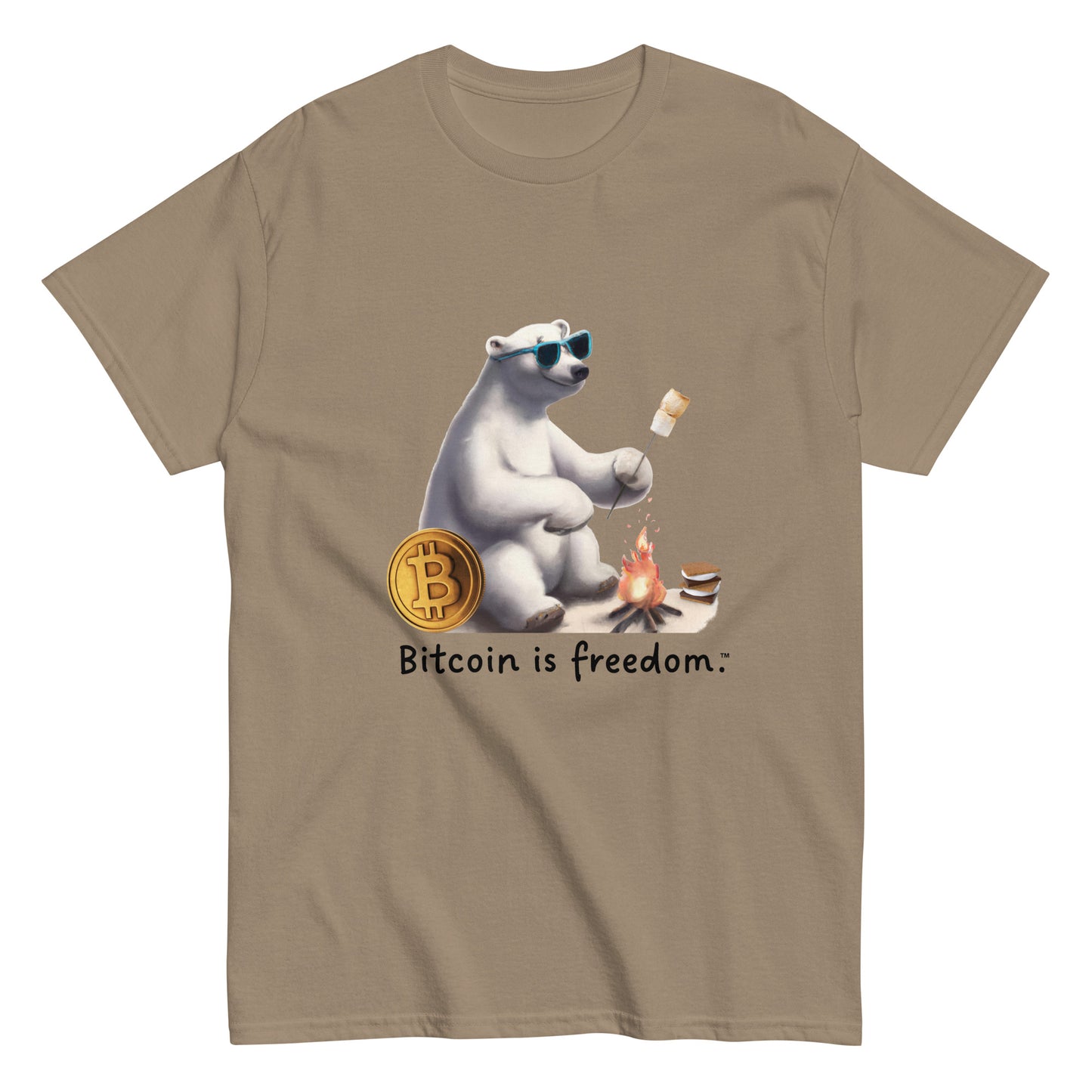 Men's brown savana color Bitcoin t-shirt with a Happy Polar Bear graphic and the ‘Bitcoin is freedom’ slogan printed on the front side of the shirt.