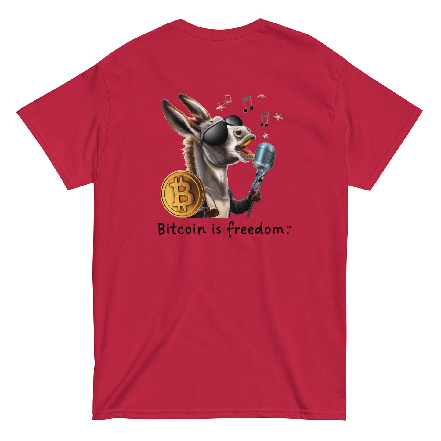 Men's cardinal red color Bitcoin t-shirt with a Happy Donkey graphic and the ‘Bitcoin is freedom’ slogan printed on the back side of the shirt.