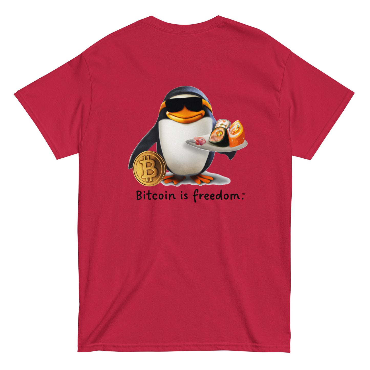 Men's cardinal red color Bitcoin t-shirt with a Happy Penguin graphic and the ‘Bitcoin is freedom’ slogan printed on the back side of the shirt.