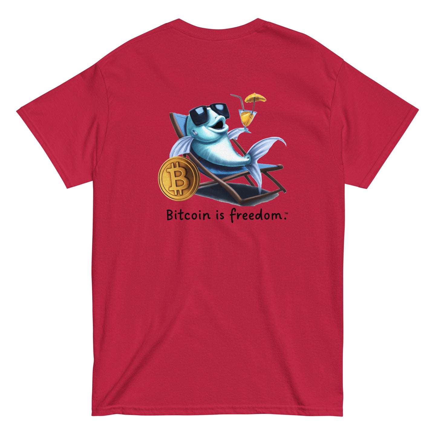 Men's cardinal red color Bitcoin t-shirt with a Happy Fish graphic and the ‘Bitcoin is freedom’ slogan printed on the back side of the shirt.