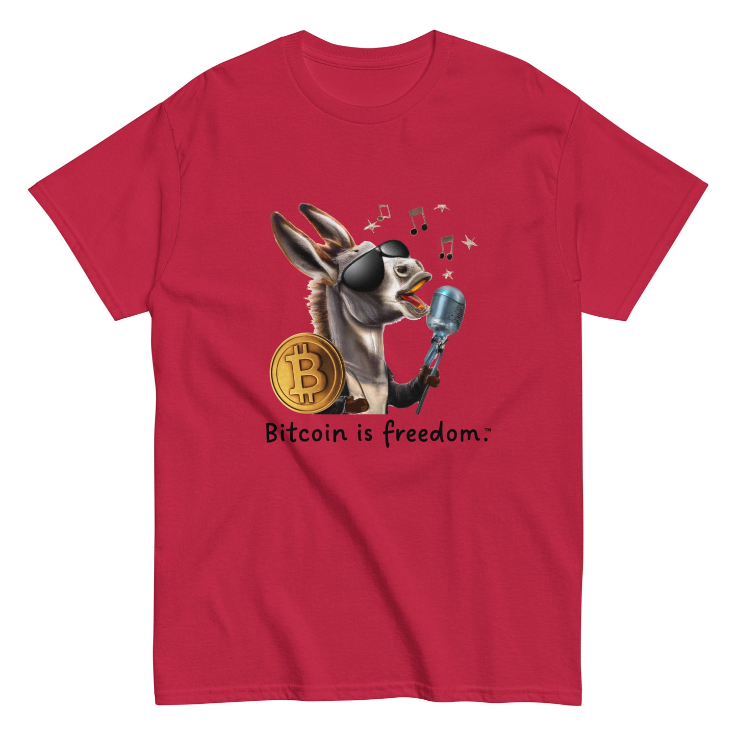 Men's cardinal red color Bitcoin t-shirt with a Happy Donkey graphic and the ‘Bitcoin is freedom’ slogan printed on the front side of the shirt.