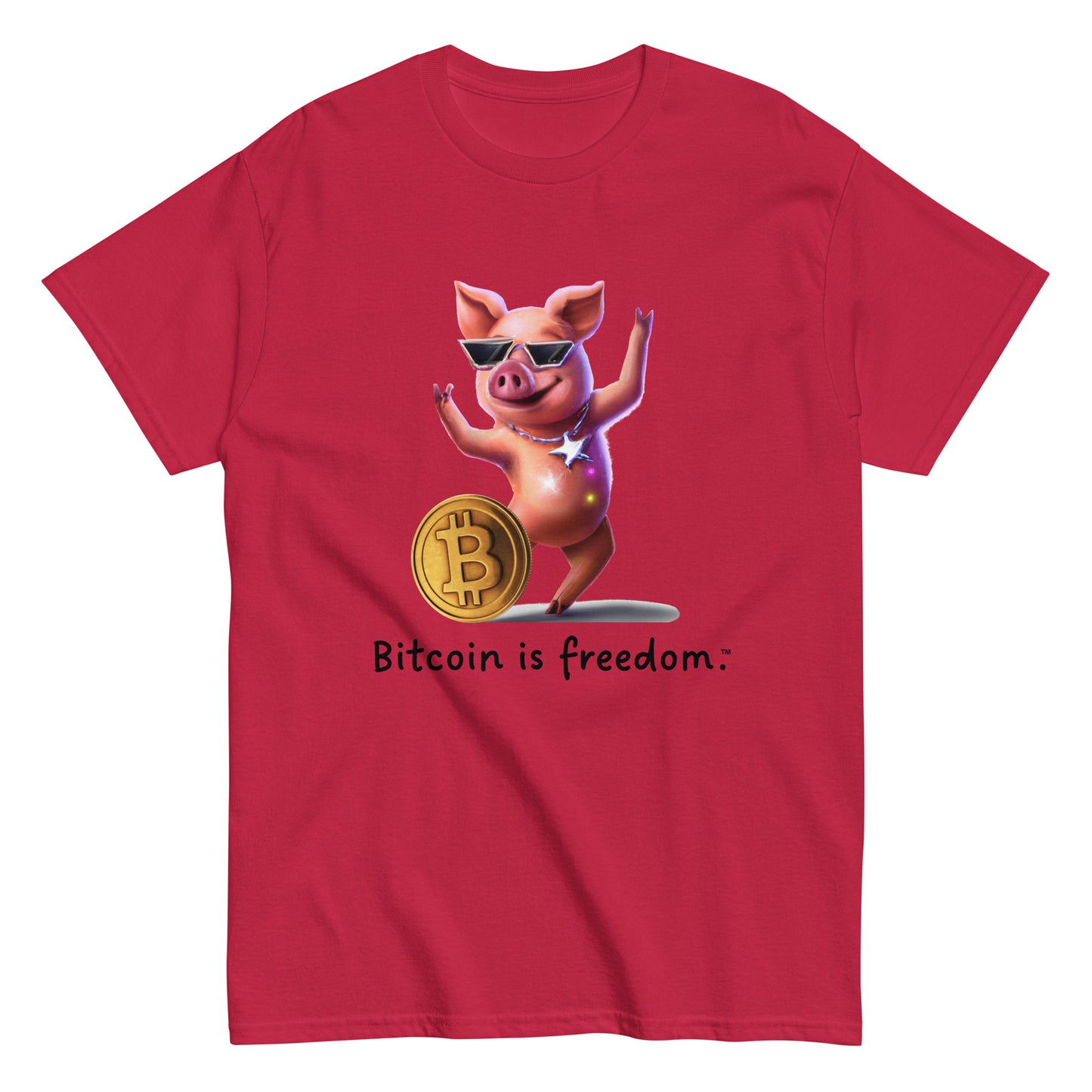 Men's cardinal red color Bitcoin t-shirt with a Happy Pig graphic and the ‘Bitcoin is freedom’ slogan printed on the front side of the shirt.