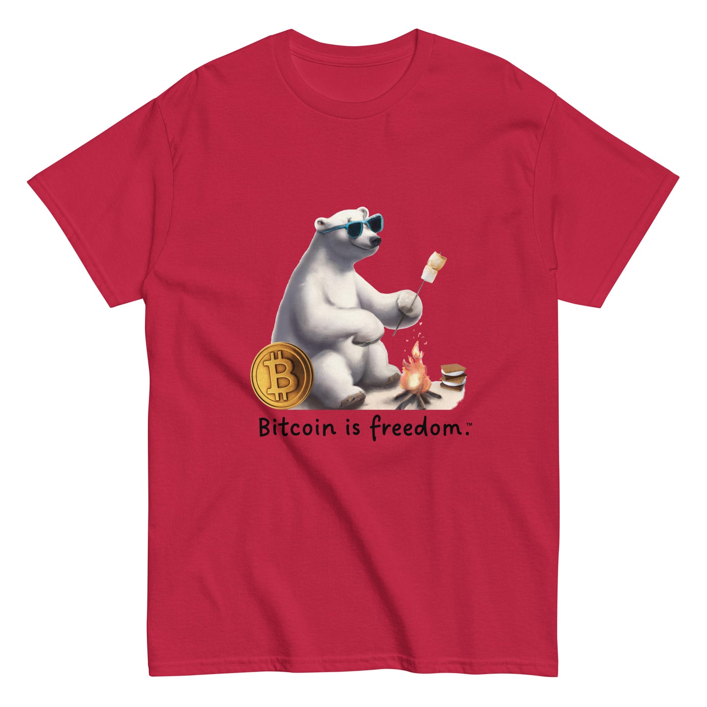 Men's cardinal red color Bitcoin t-shirt with a Happy Polar Bear graphic and the ‘Bitcoin is freedom’ slogan printed on the front side of the shirt.