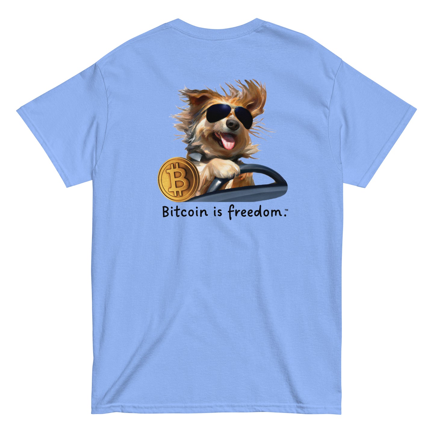 Men's carolina blue color Bitcoin t-shirt with a Happy Dog Driving graphic and the ‘Bitcoin is freedom’ slogan printed on the back side of the shirt.