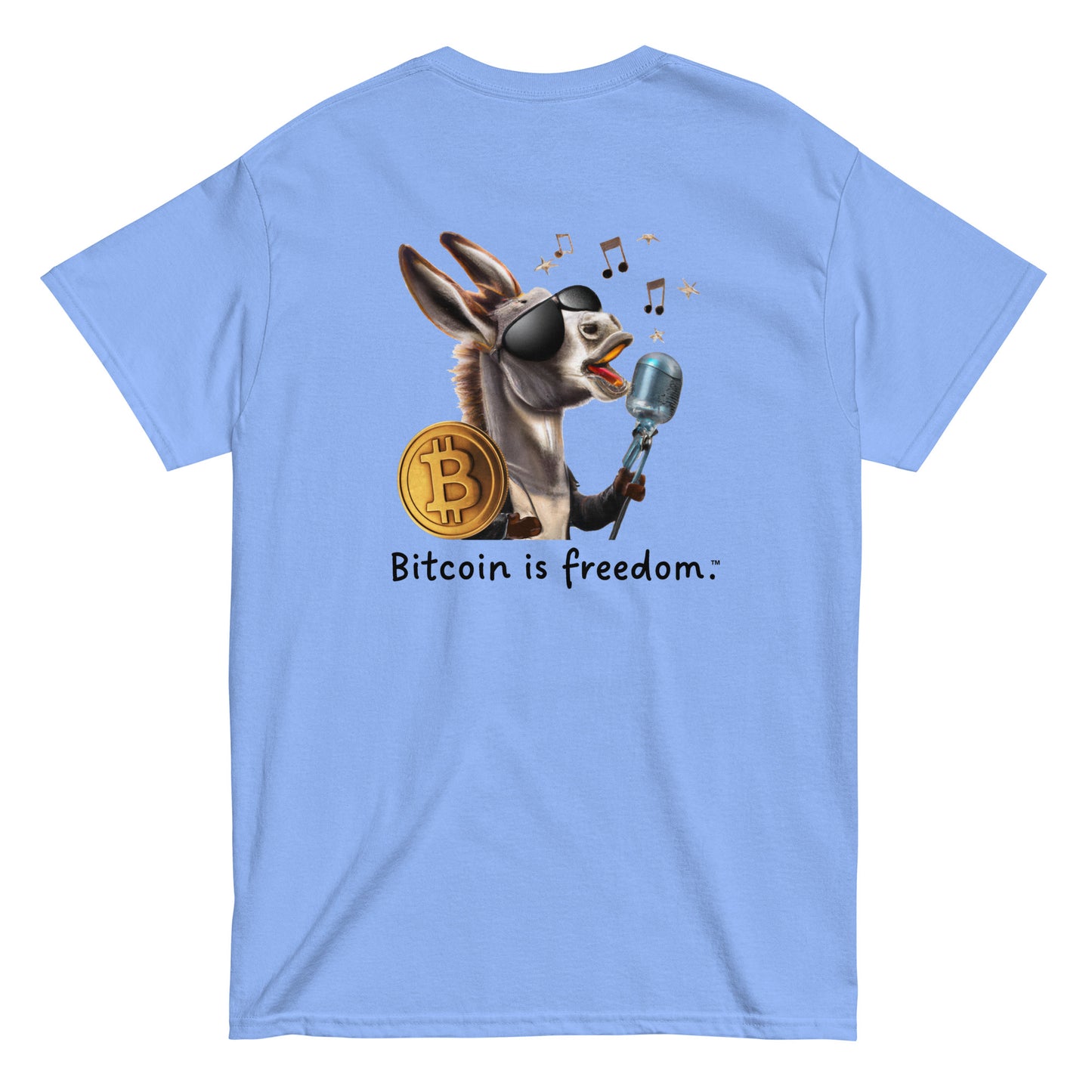 Men's carolina blue color Bitcoin t-shirt with a Happy Donkey graphic and the ‘Bitcoin is freedom’ slogan printed on the back side of the shirt.