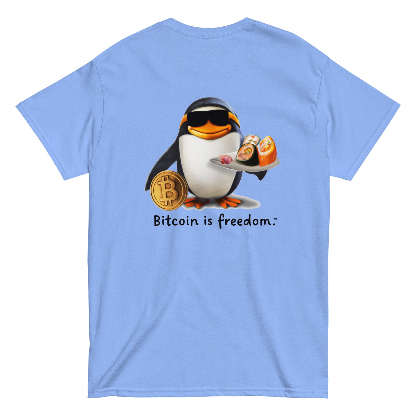Men's carolina blue color Bitcoin t-shirt with a Happy Penguin graphic and the ‘Bitcoin is freedom’ slogan printed on the back side of the shirt.