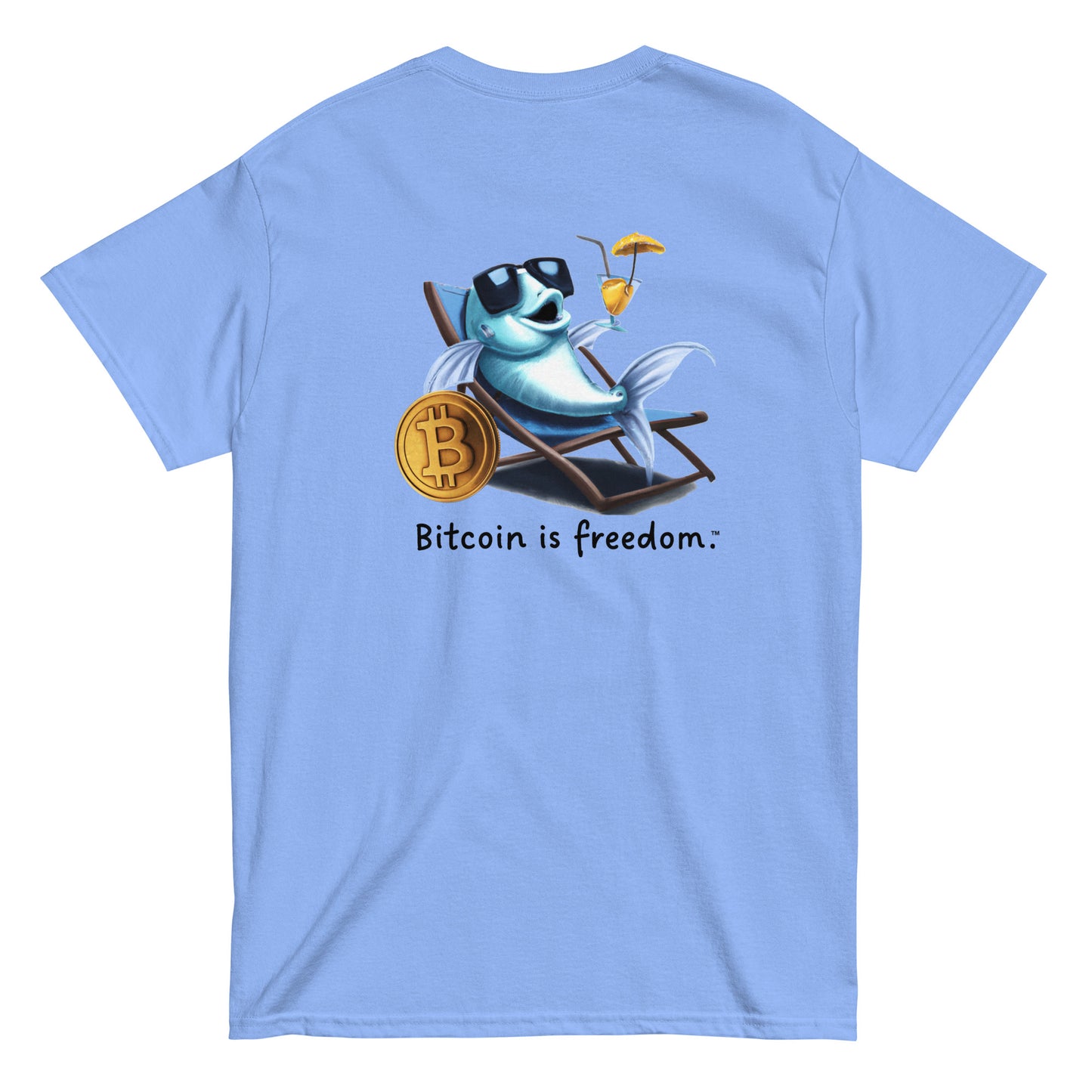 Men's carolina blue color Bitcoin t-shirt with a Happy Fish graphic and the ‘Bitcoin is freedom’ slogan printed on the back side of the shirt.