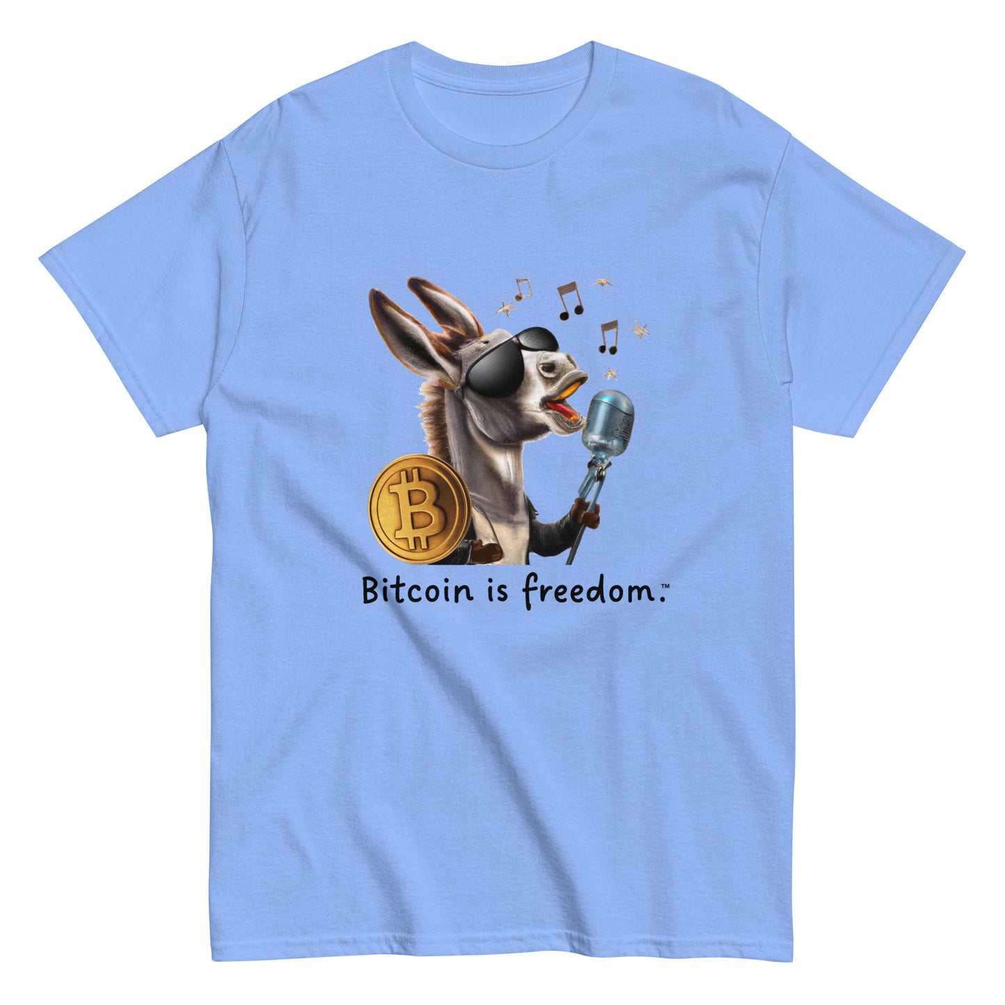 Men's carolina blue color Bitcoin t-shirt with a Happy Donkey graphic and the ‘Bitcoin is freedom’ slogan printed on the front side of the shirt.