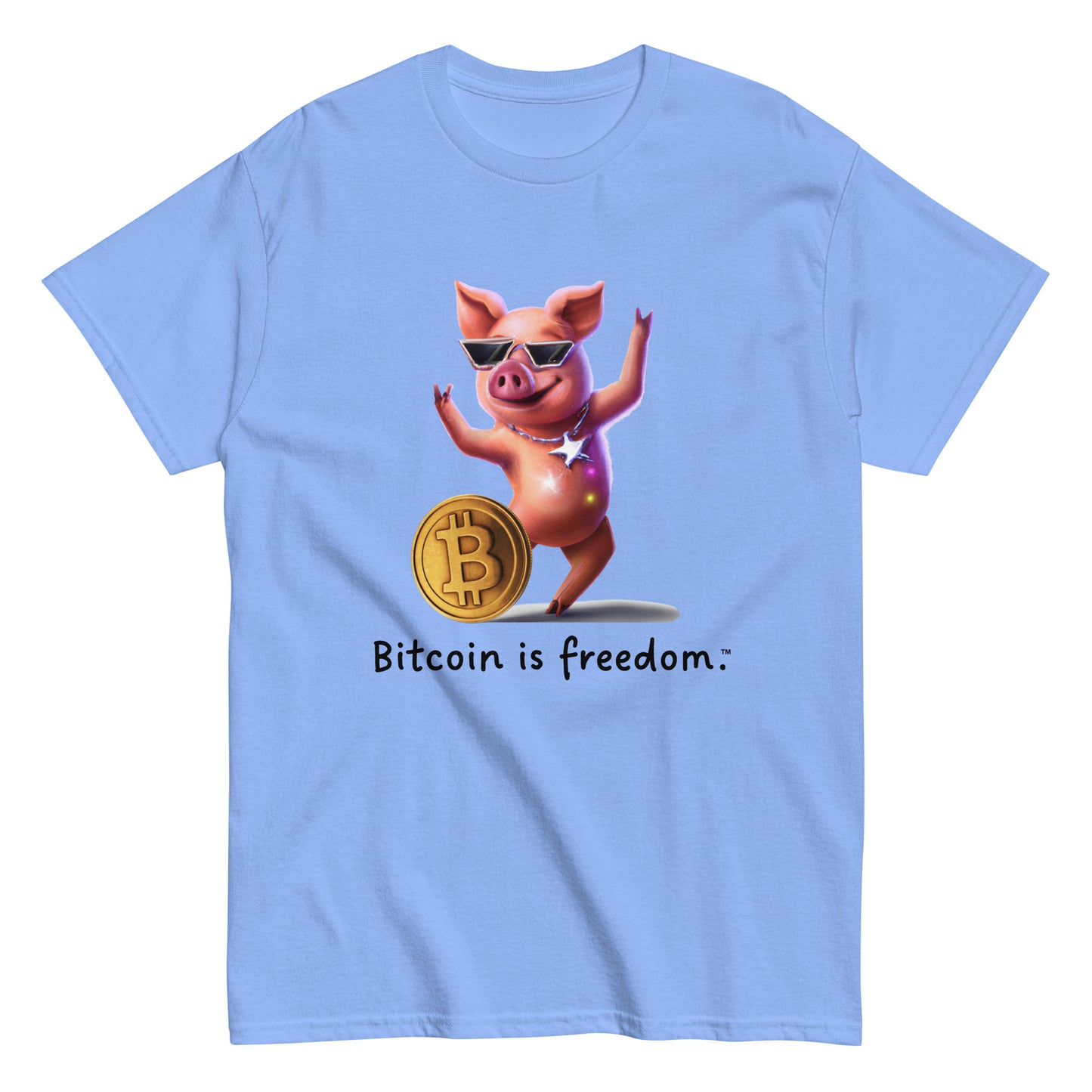 Men's carolina blue color Bitcoin t-shirt with a Happy Pig graphic and the ‘Bitcoin is freedom’ slogan printed on the front side of the shirt.