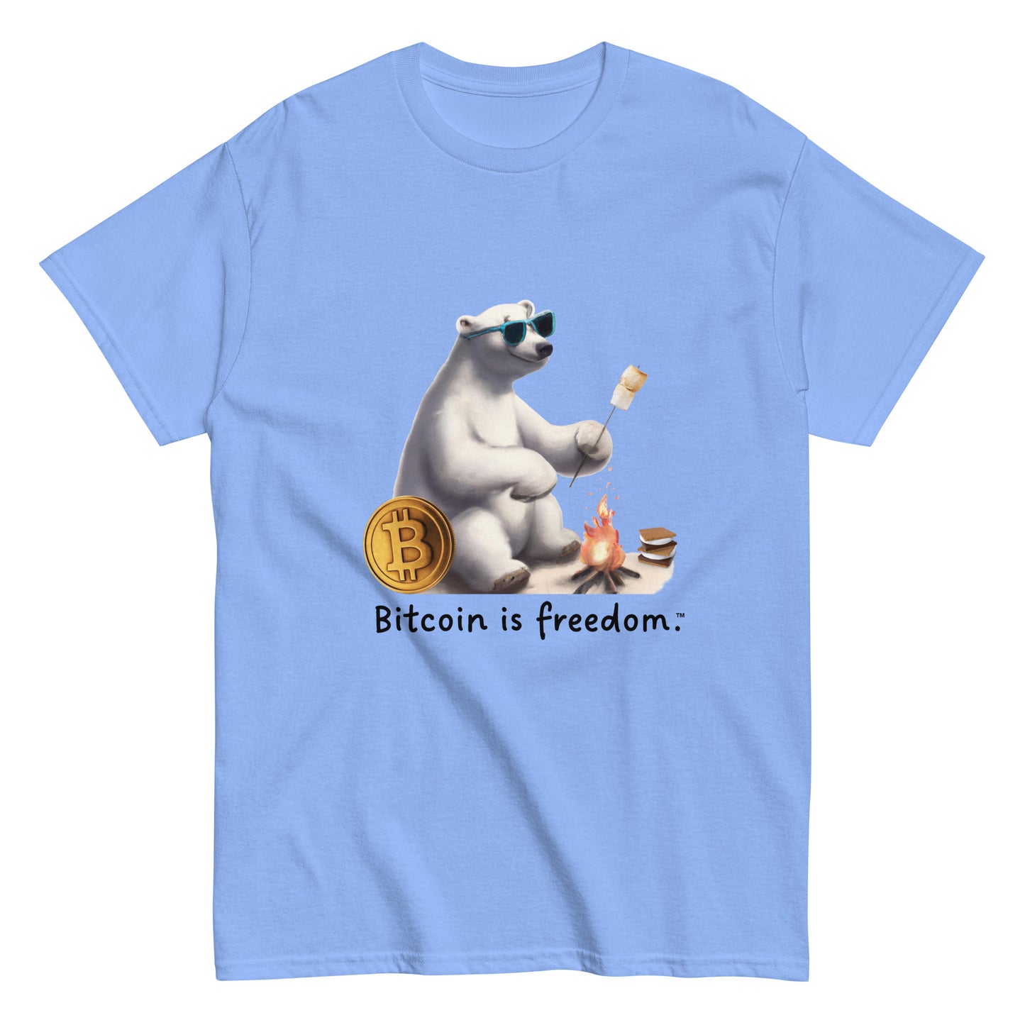 Men's carolina blue color Bitcoin t-shirt with a Happy Polar Bear graphic and the ‘Bitcoin is freedom’ slogan printed on the front side of the shirt.