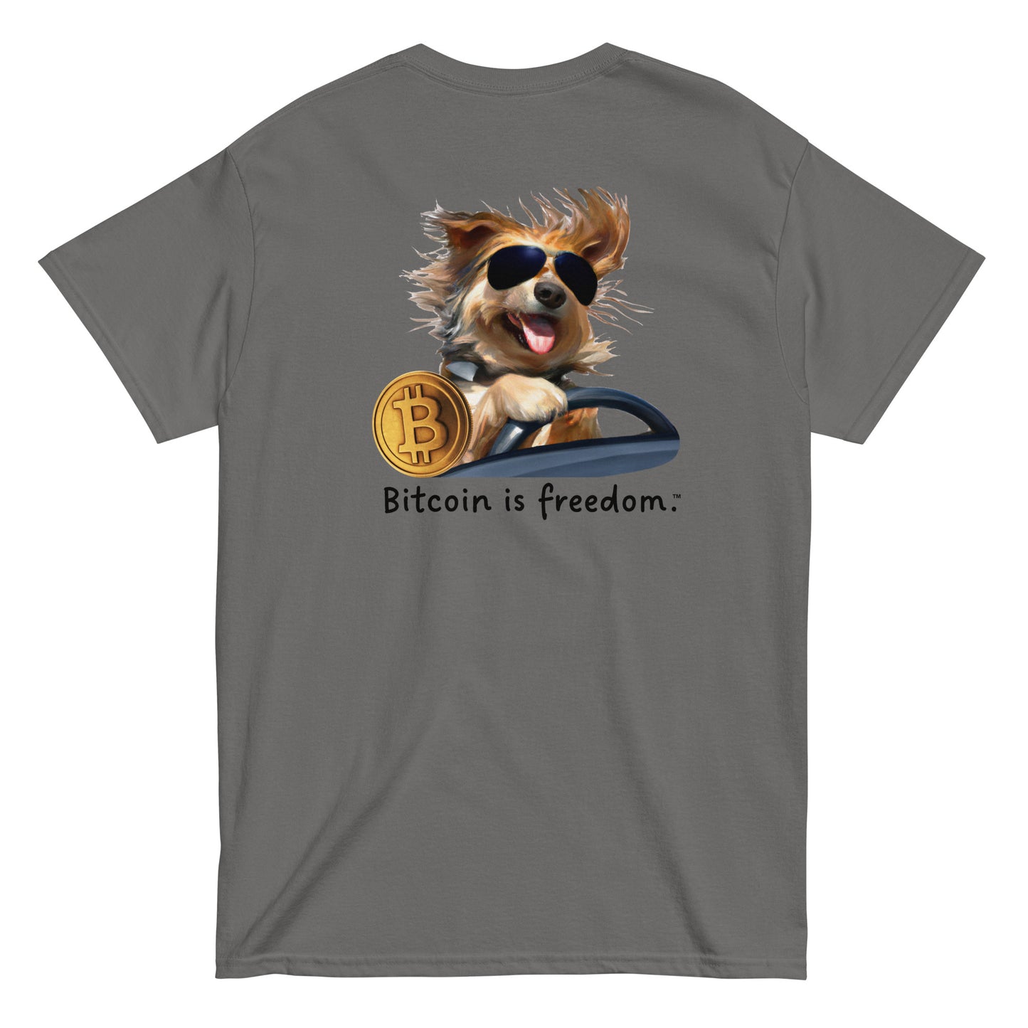 Men's charcoal grey color Bitcoin t-shirt with a Happy Dog Driving graphic and the ‘Bitcoin is freedom’ slogan printed on the back side of the shirt.