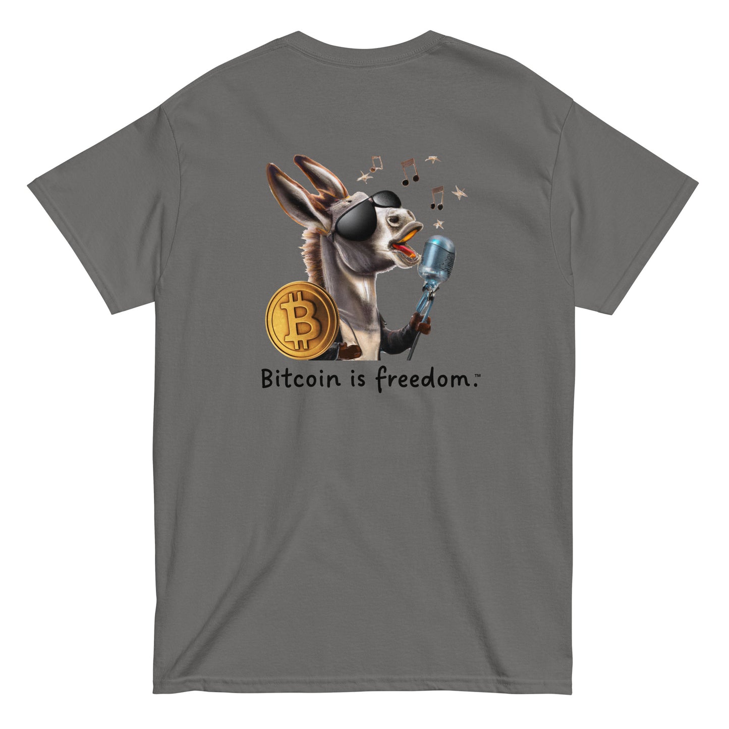 Men's charcoal grey color Bitcoin t-shirt with a Happy Donkey graphic and the ‘Bitcoin is freedom’ slogan printed on the back side of the shirt.