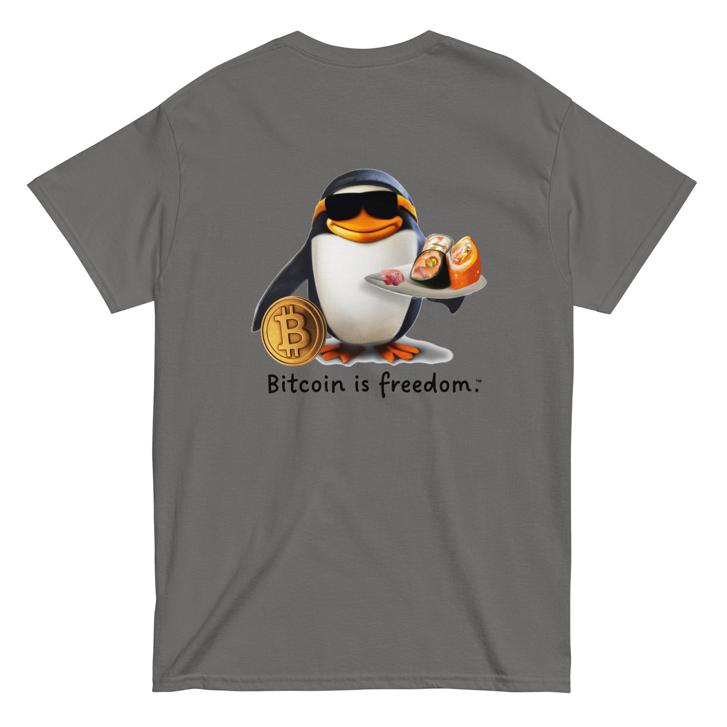 Men's charcoal grey color Bitcoin t-shirt with a Happy Penguin graphic and the ‘Bitcoin is freedom’ slogan printed on the back side of the shirt.
