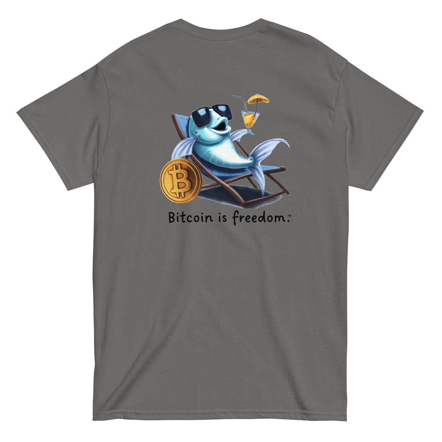 Men's charcoal grey color Bitcoin t-shirt with a Happy Fish graphic and the ‘Bitcoin is freedom’ slogan printed on the back side of the shirt.