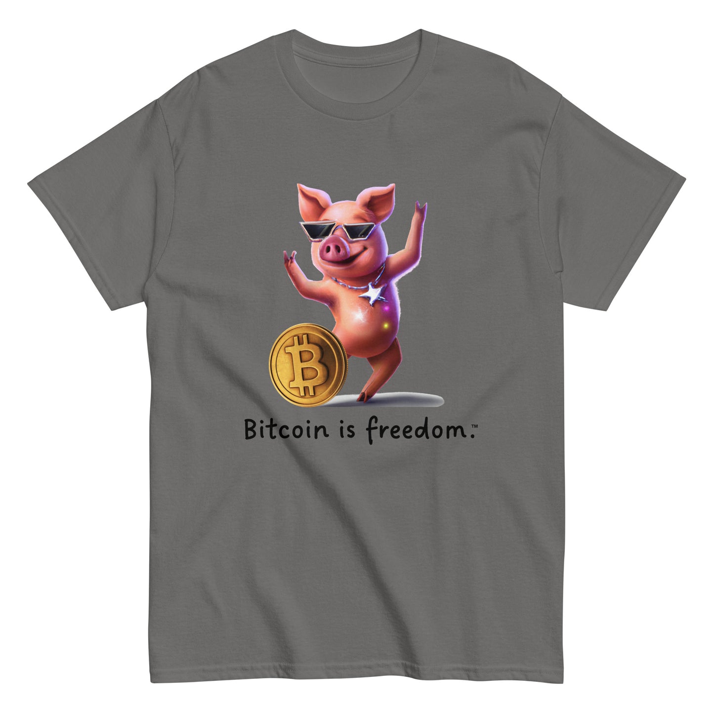 Men's charcoal grey color Bitcoin t-shirt with a Happy Pig graphic and the ‘Bitcoin is freedom’ slogan printed on the front side of the shirt.