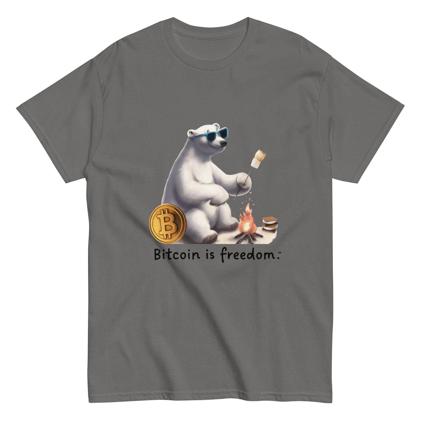 Men's charcoal grey color Bitcoin t-shirt with a Happy Polar Bear graphic and the ‘Bitcoin is freedom’ slogan printed on the front side of the shirt.