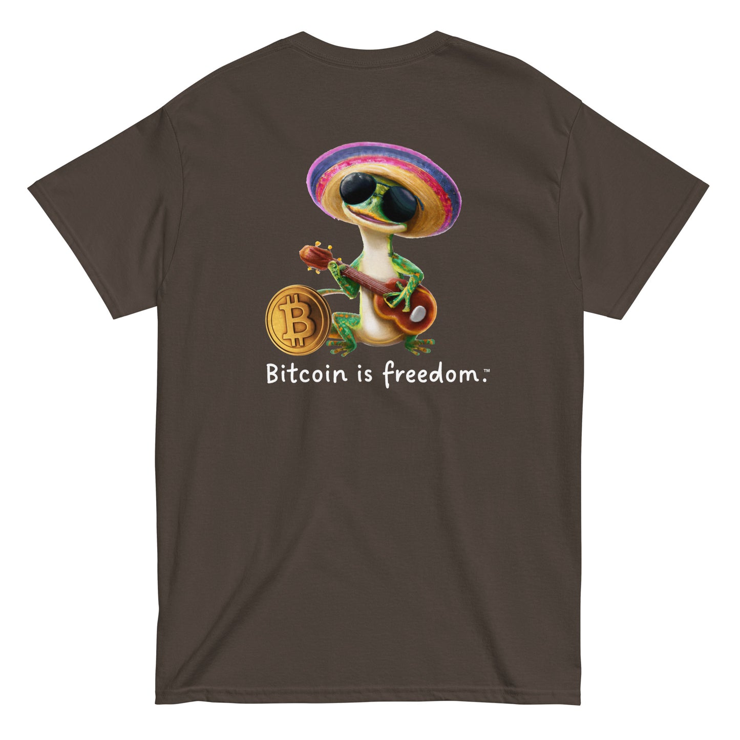 Men's dark chocolate brown color Bitcoin t-shirt with a Happy Gecko graphic and the ‘Bitcoin is freedom’ slogan printed on the back side of the shirt.