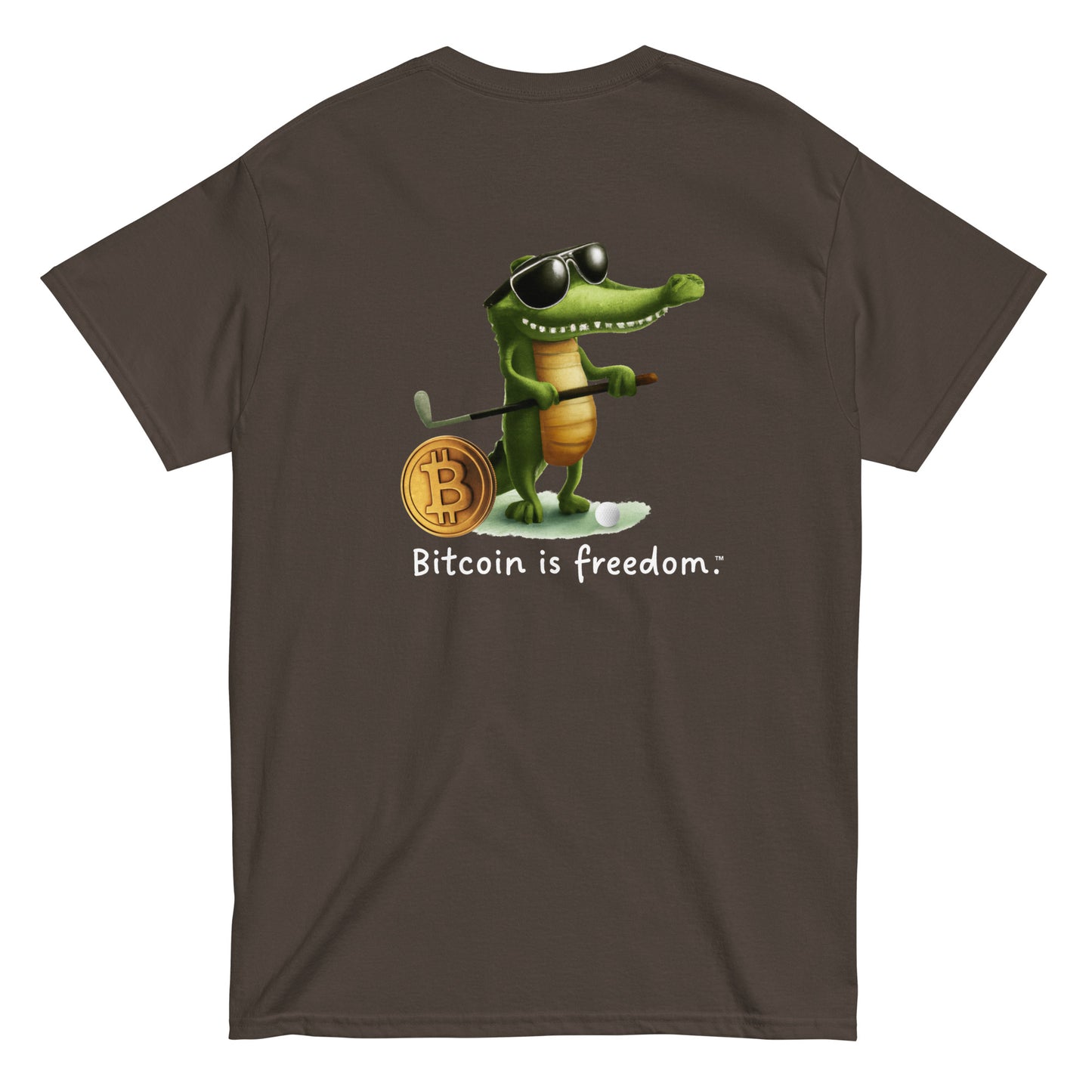 Men's dark chocolate color Bitcoin t-shirt with a Happy Alligator graphic and the ‘Bitcoin is freedom’ slogan printed on the back side of the shirt.