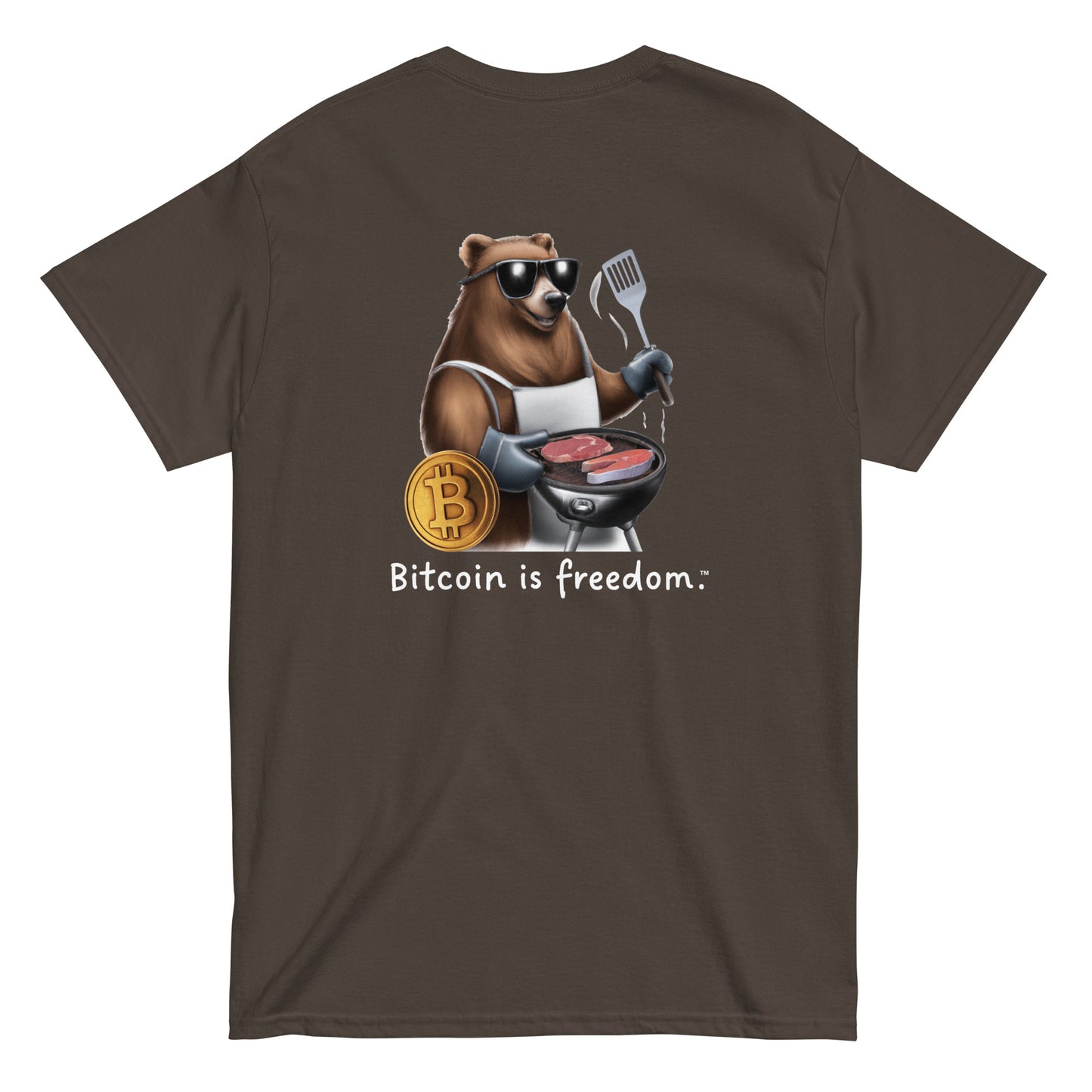 Men's dark chocolate color Bitcoin t-shirt with a Happy Bear graphic and the ‘Bitcoin is freedom’ slogan printed on the back side of the shirt.