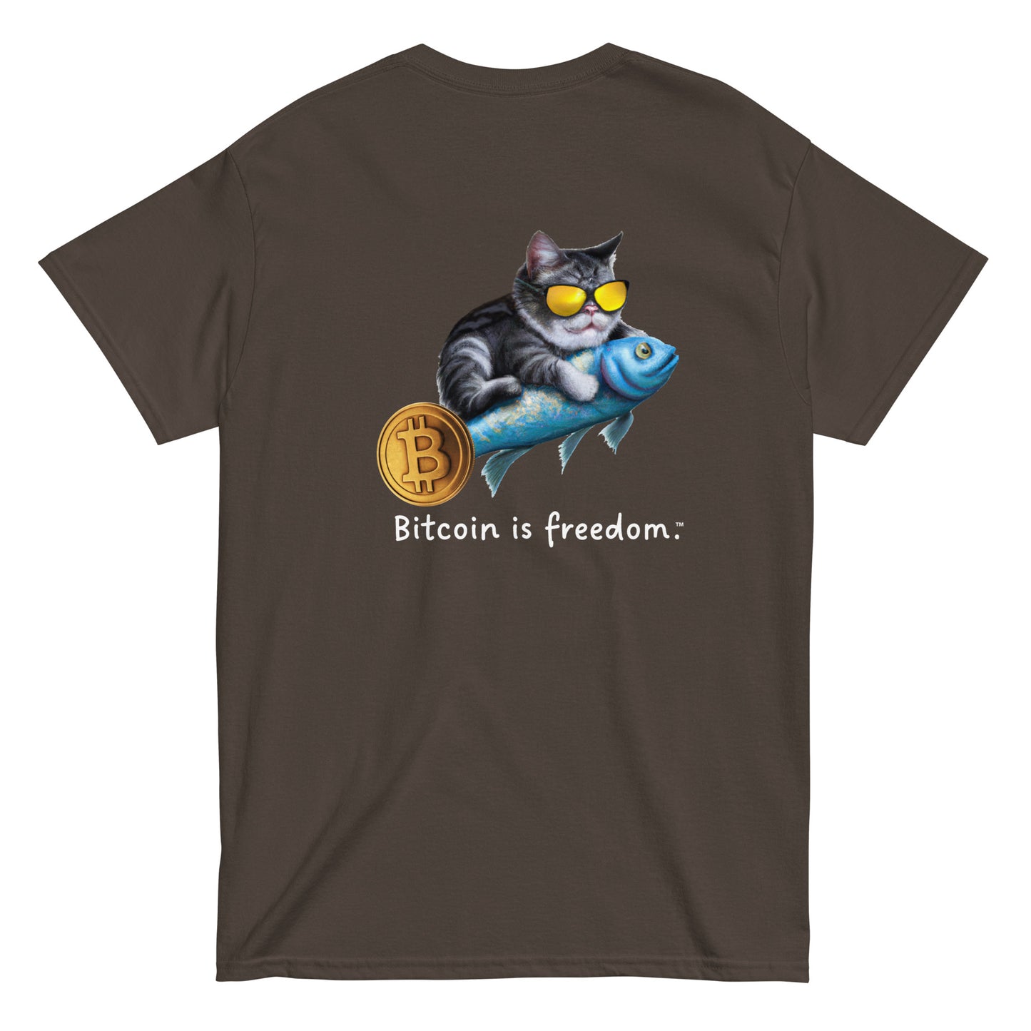 Men's dark chocolate blue color Bitcoin t-shirt with a Happy Cat graphic and the ‘Bitcoin is freedom’ slogan printed on the back side of the shirt.