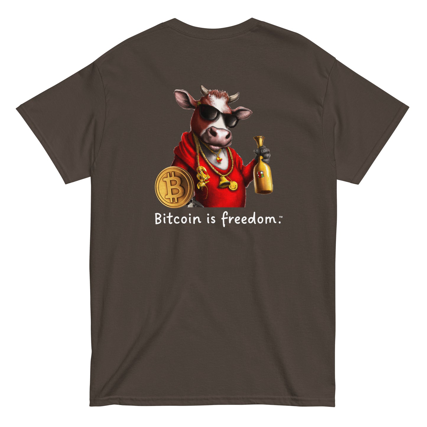 Men's dark chocolate brown color Bitcoin t-shirt with a Happy Bull graphic and the ‘Bitcoin is freedom’ slogan printed on the back side of the shirt.