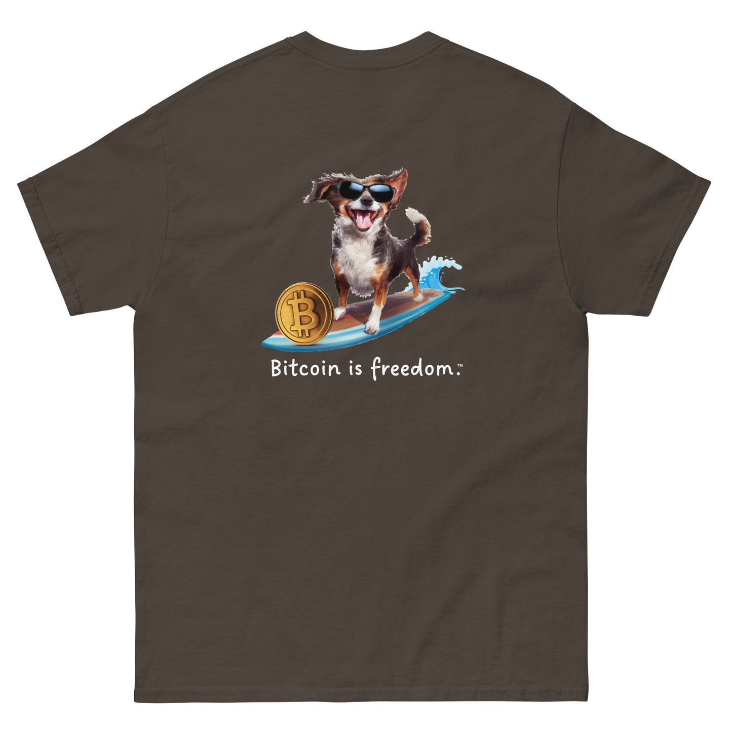 Men's dark chocolate color Bitcoin t-shirt with a Happy Dog Surfing graphic and the ‘Bitcoin is freedom’ slogan printed on the back side of the shirt.