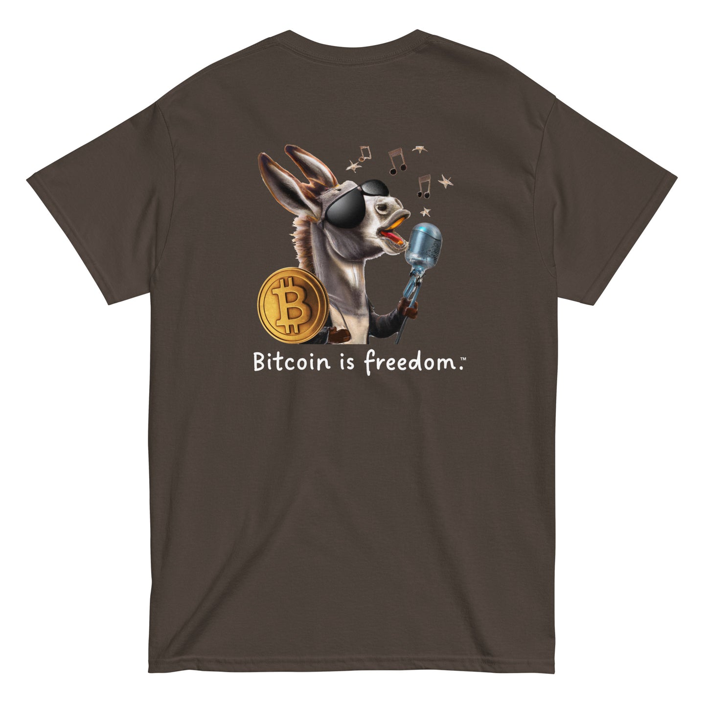 Men's dark chocolate brown color Bitcoin t-shirt with a Happy Donkey graphic and the ‘Bitcoin is freedom’ slogan printed on the back side of the shirt.